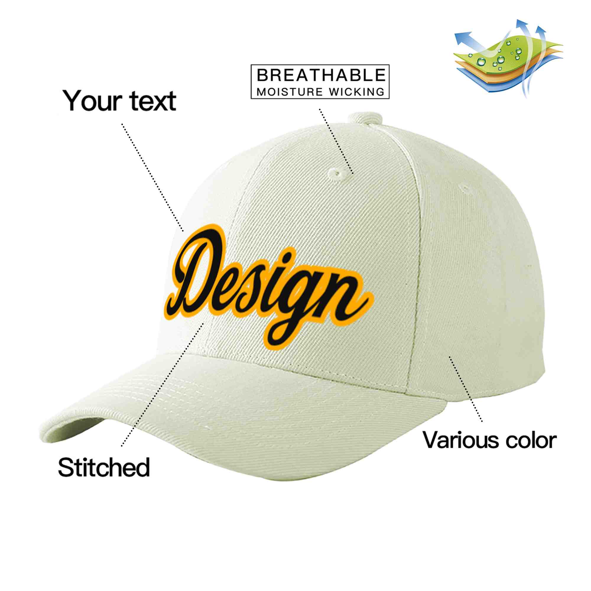 Casquette de baseball incurvée personnalisée crème noir-jaune avec avant-toit