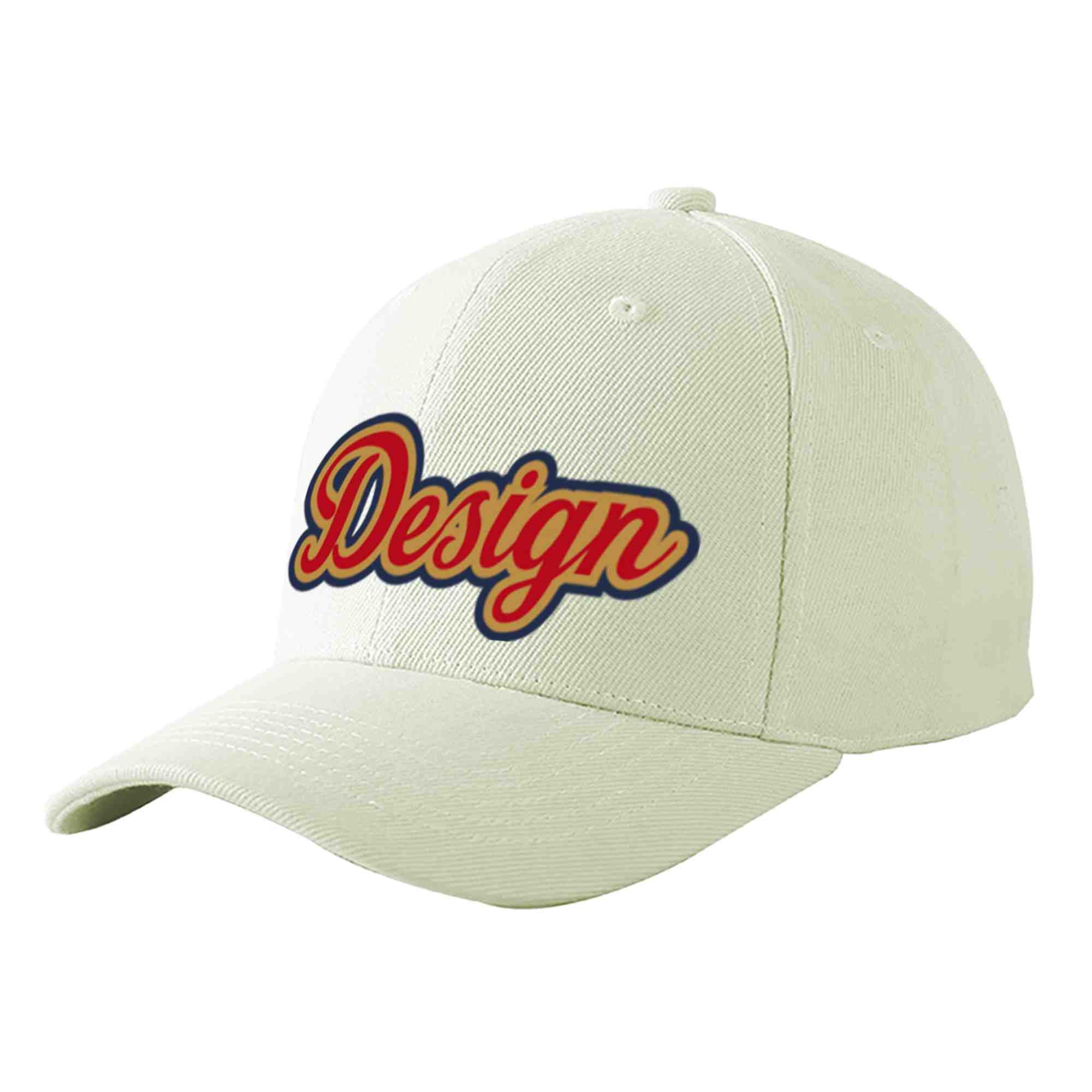 Custom Cream Red-Old Gold Curved Eaves Sport Design Baseball Cap