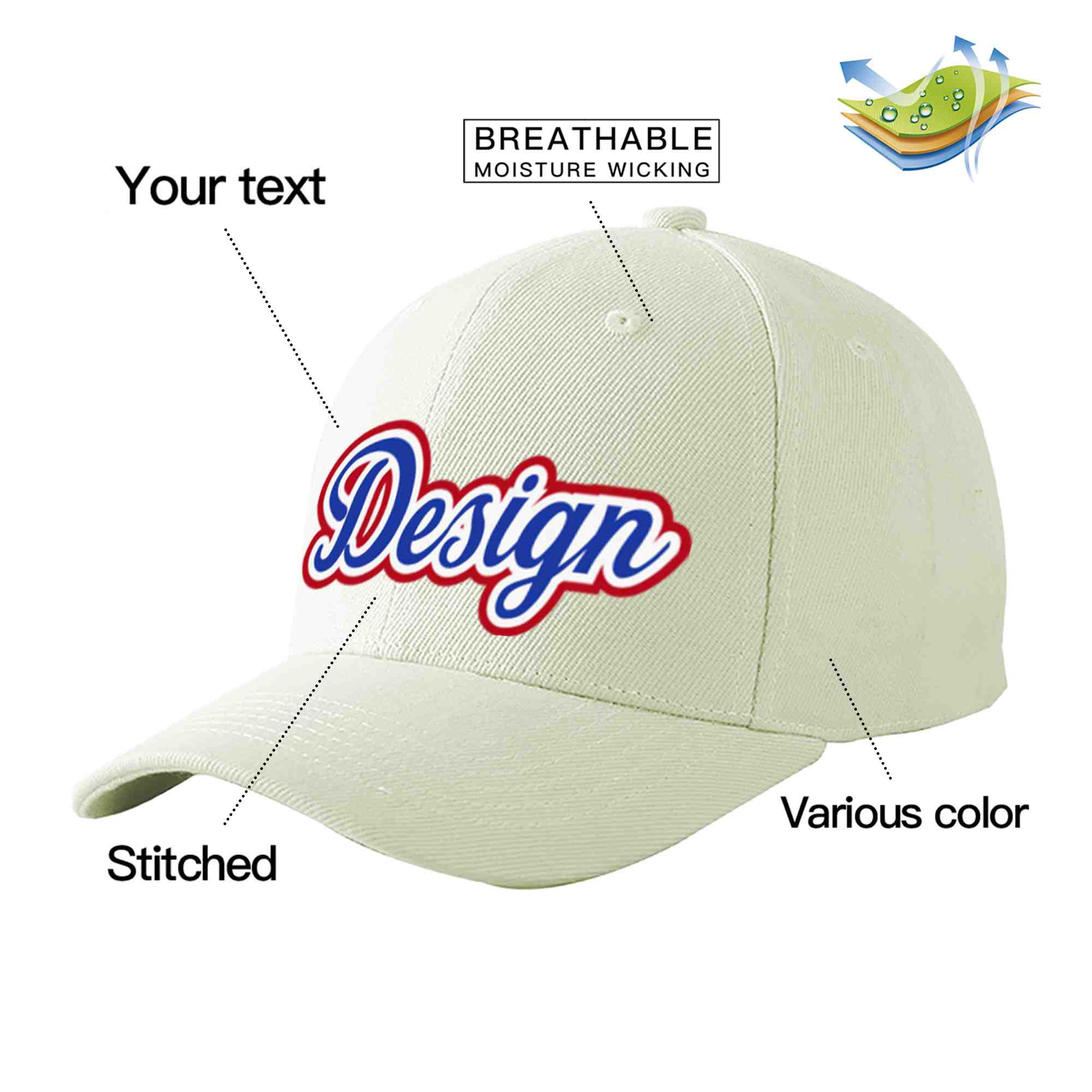 Custom Cream Royal-White Curved Eaves Sport Design Baseball Cap