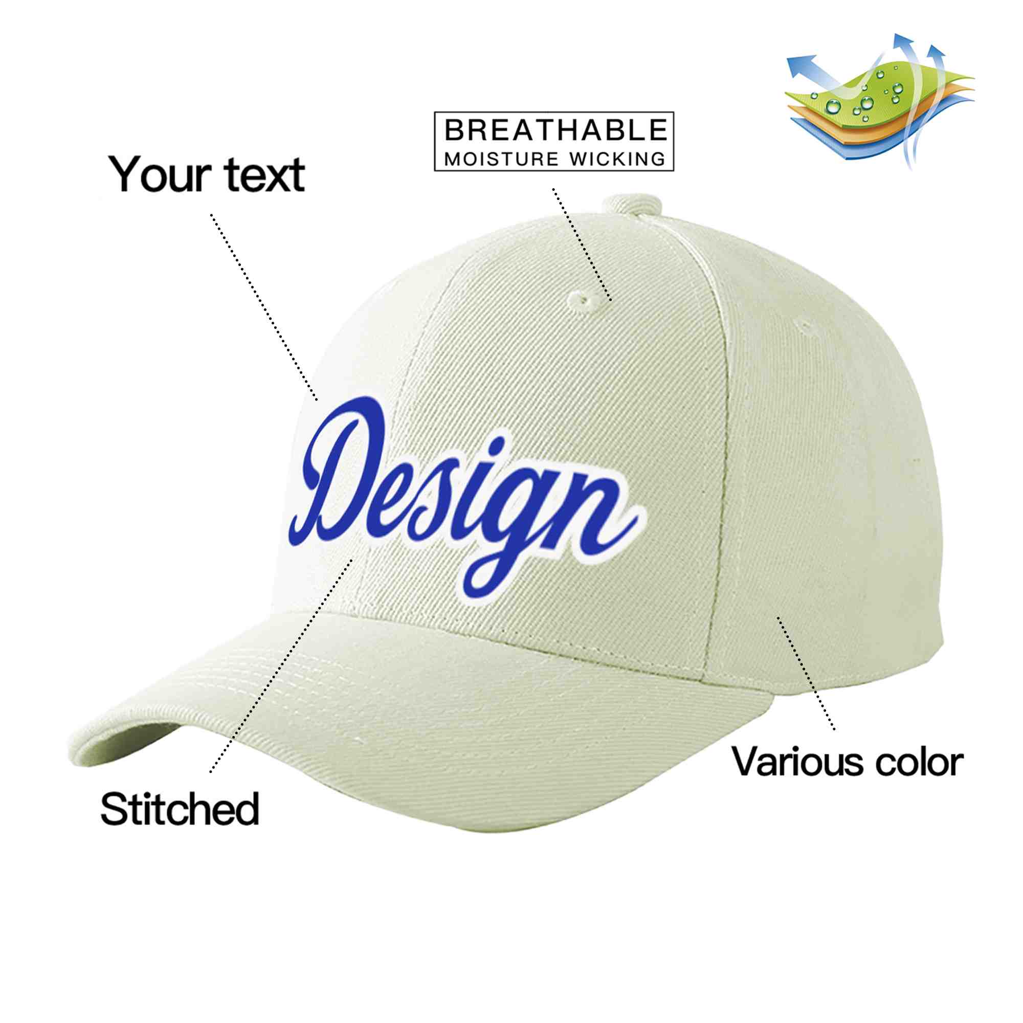 Custom Cream Royal-White Curved Eaves Sport Design Baseball Cap