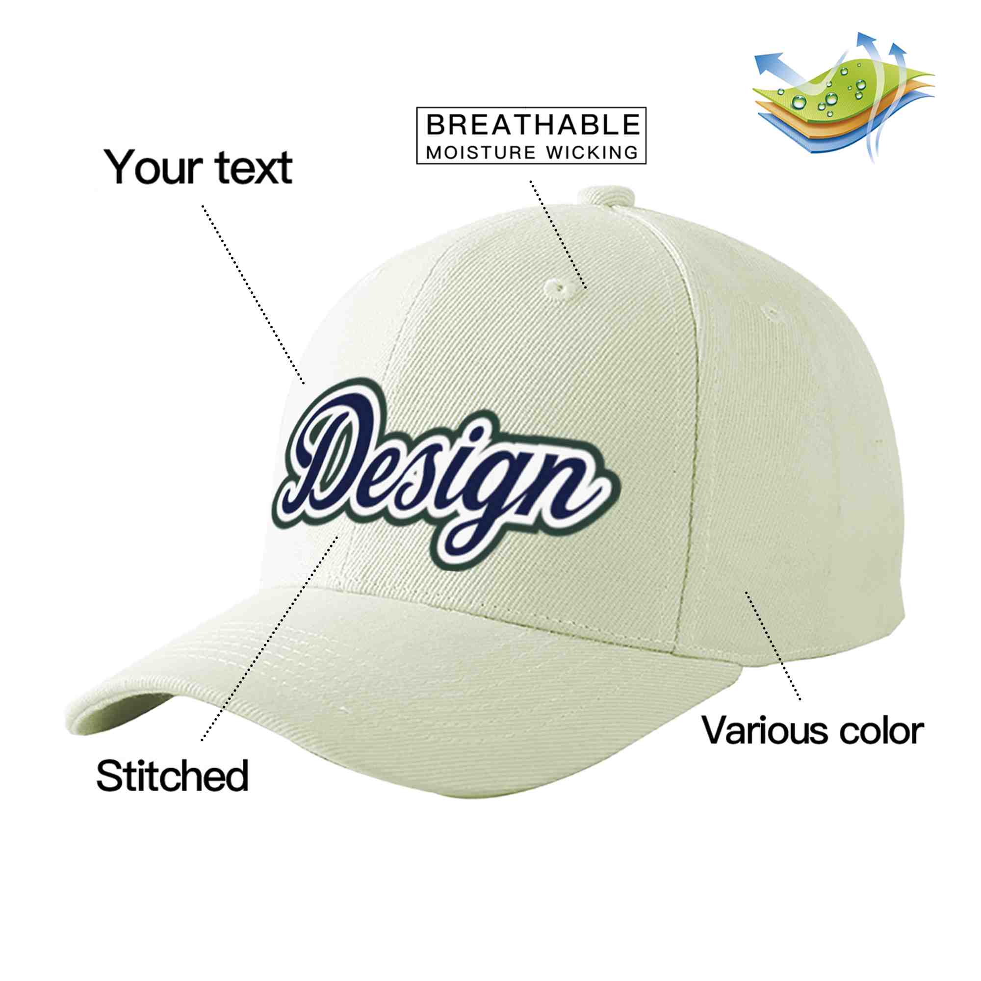 Casquette de baseball incurvée Eaves Sport Design crème personnalisée bleu marine-blanc