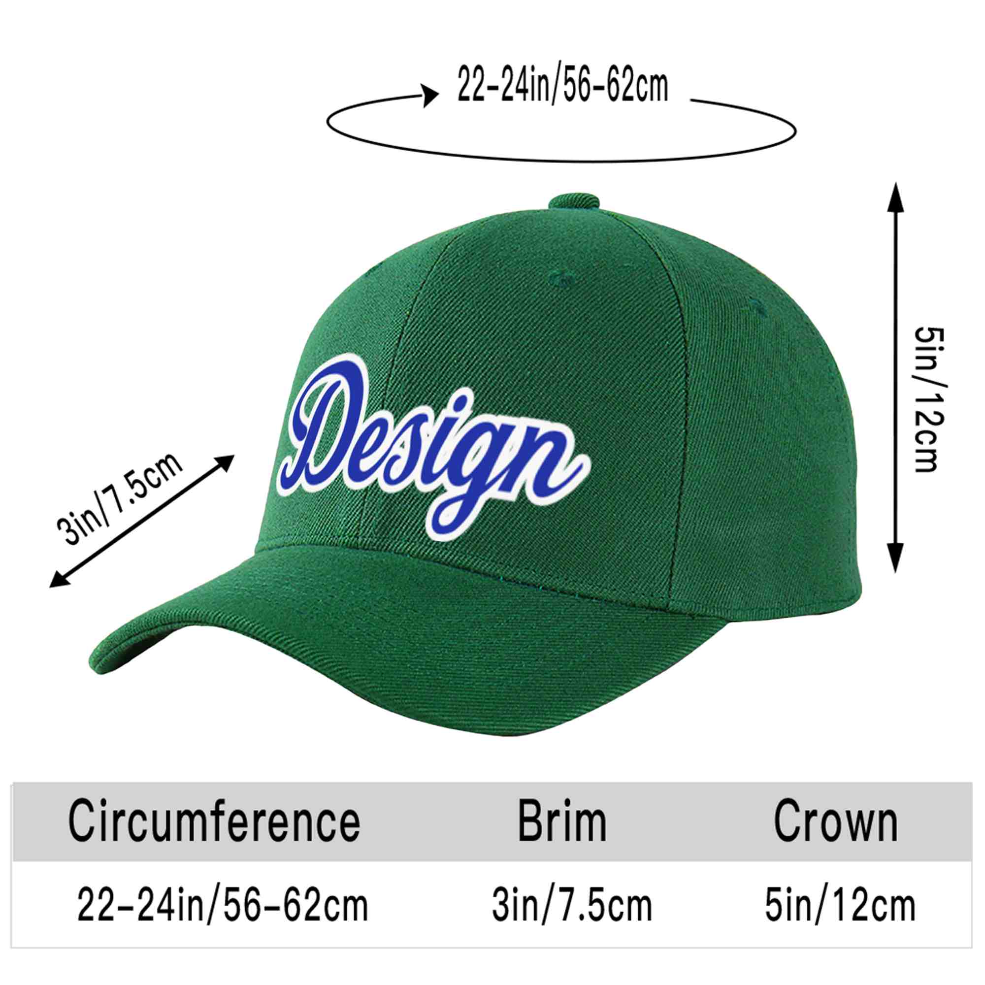 Custom Green Royal-White Curved Eaves Sport Design Baseball Cap