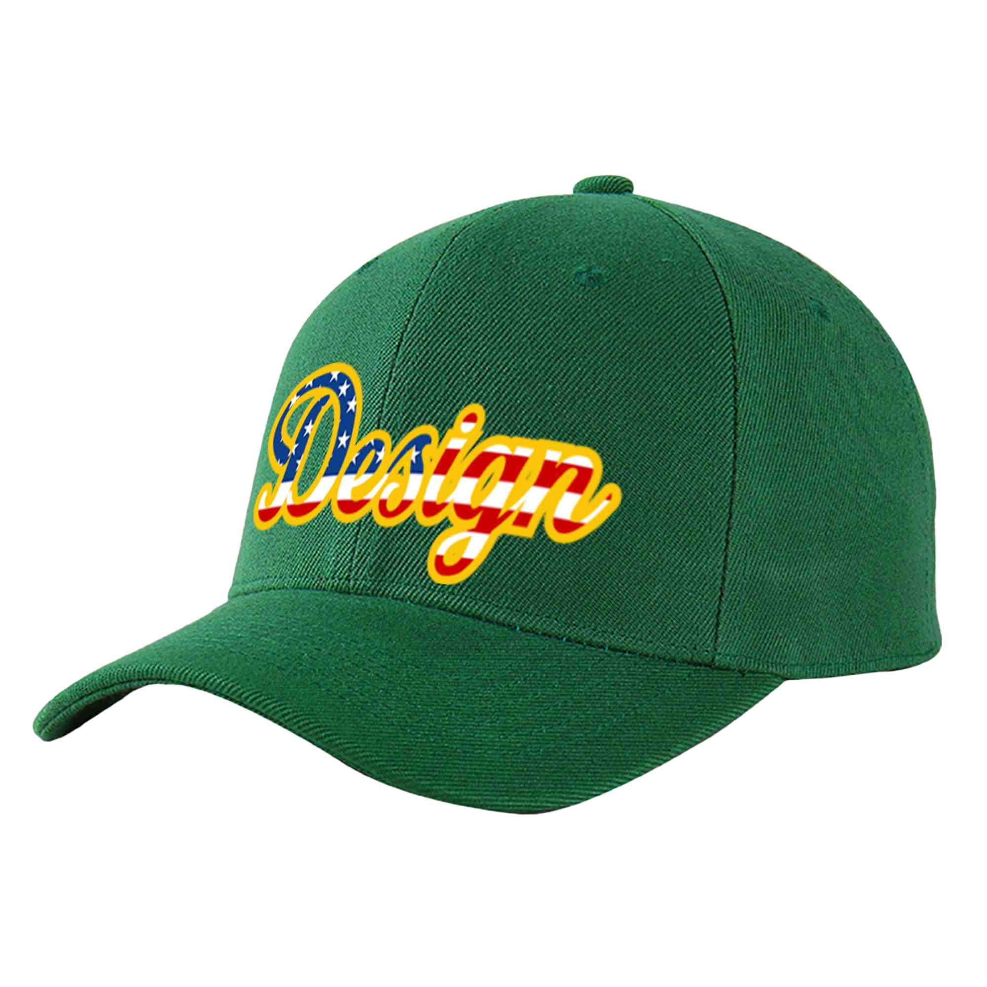 Custom Green Vintage USA Flag-Gold Curved Eaves Sport Design Baseball Cap