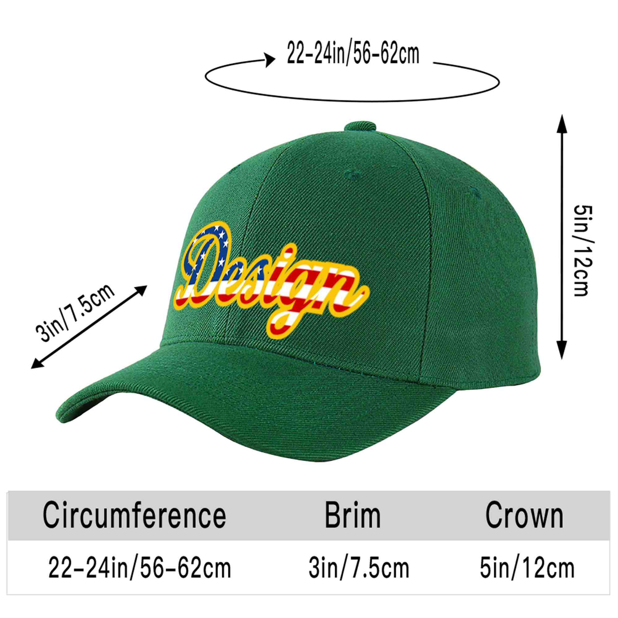 Custom Green Vintage USA Flag-Gold Curved Eaves Sport Design Baseball Cap