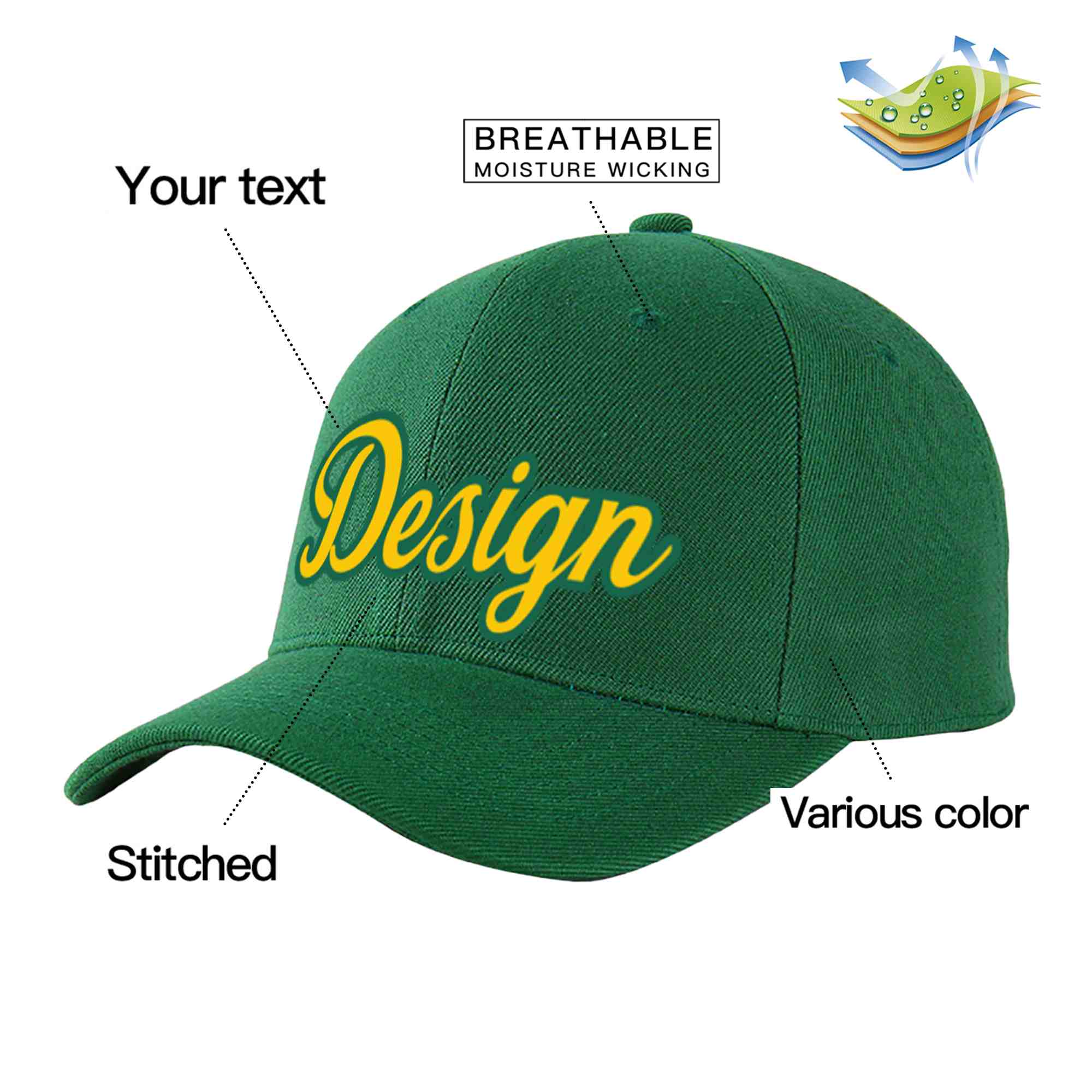 Custom Green Gold-Kelly Green Curved Eaves Sport Design Baseball Cap