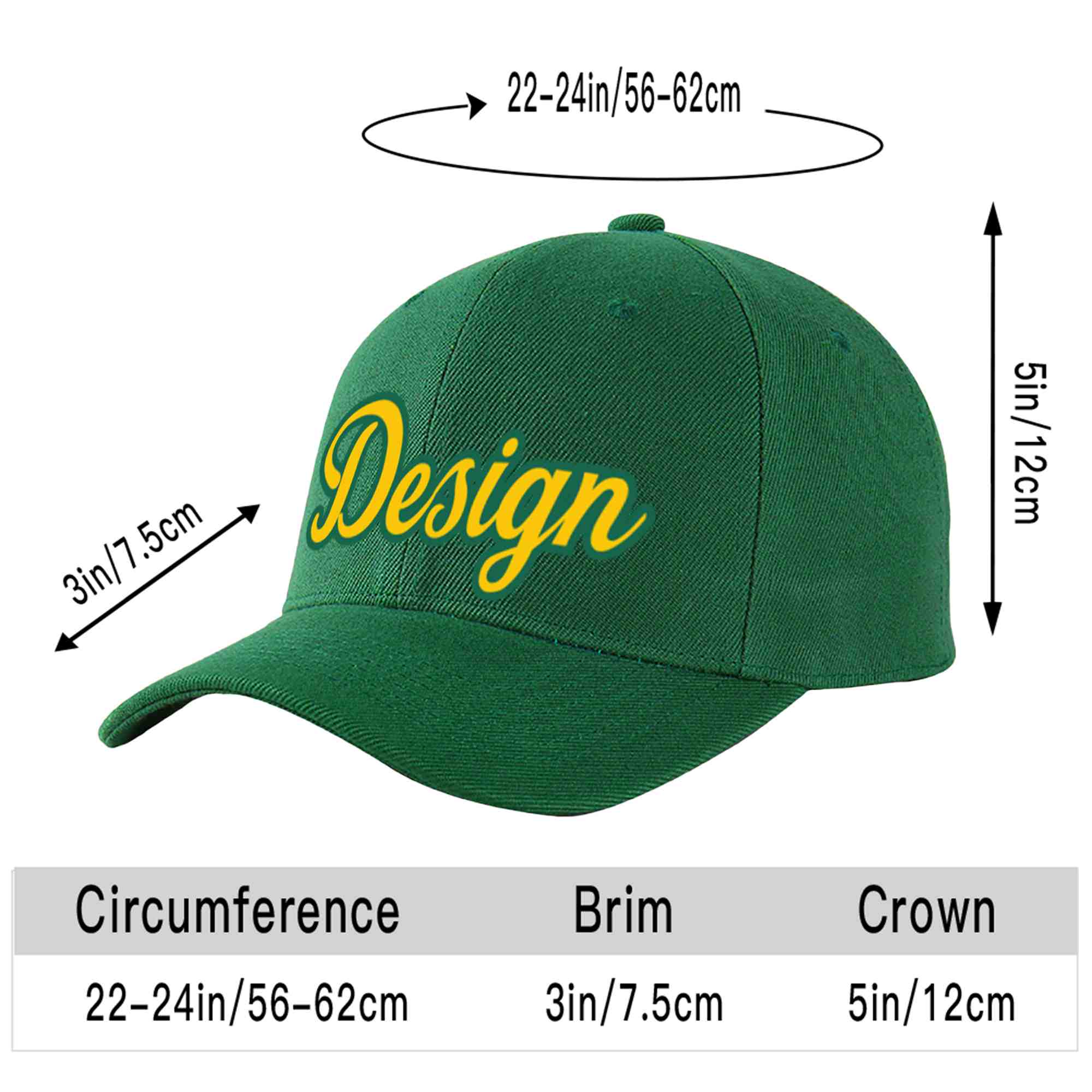 Custom Green Gold-Kelly Green Curved Eaves Sport Design Baseball Cap