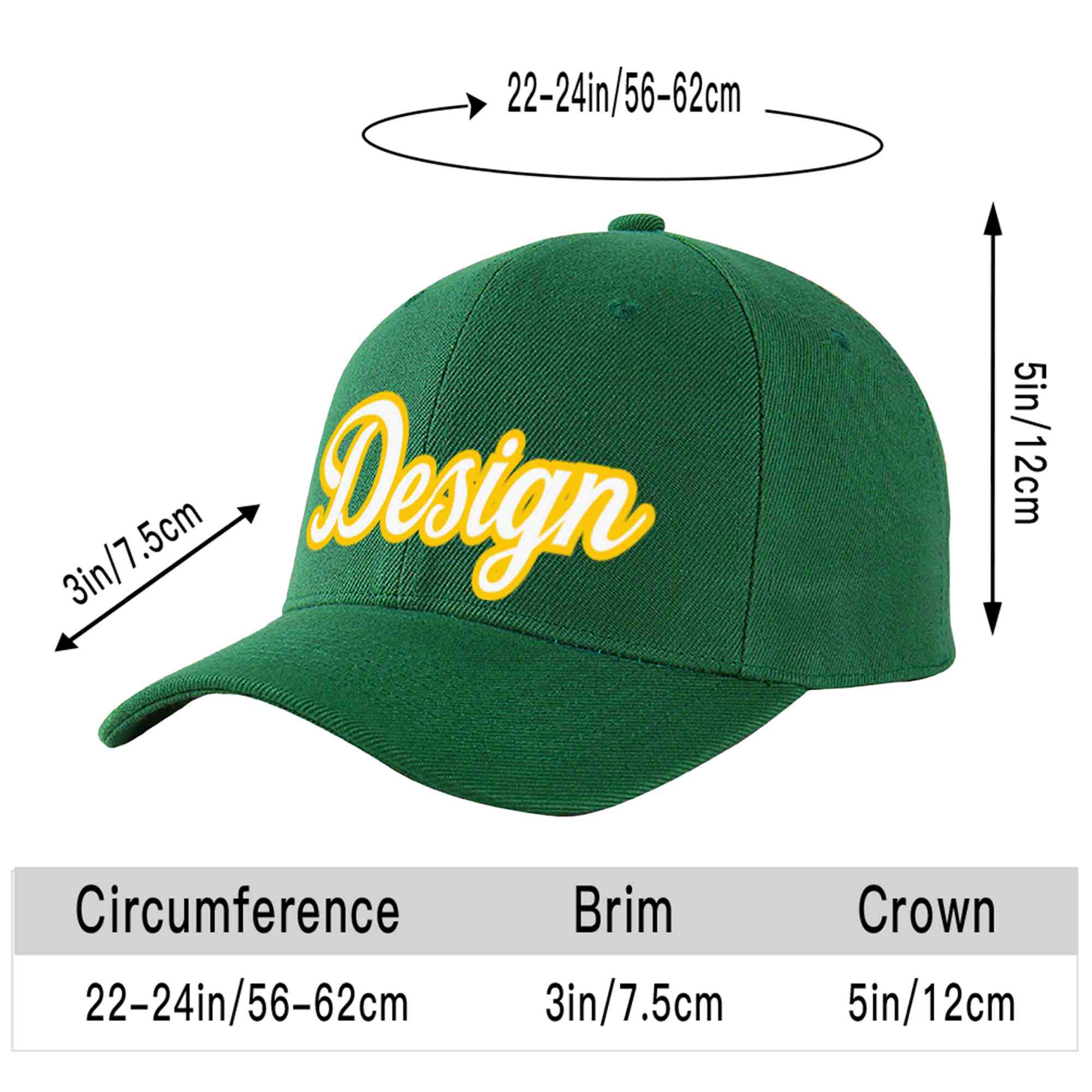 Custom Green White-Gold Curved Eaves Sport Design Baseball Cap