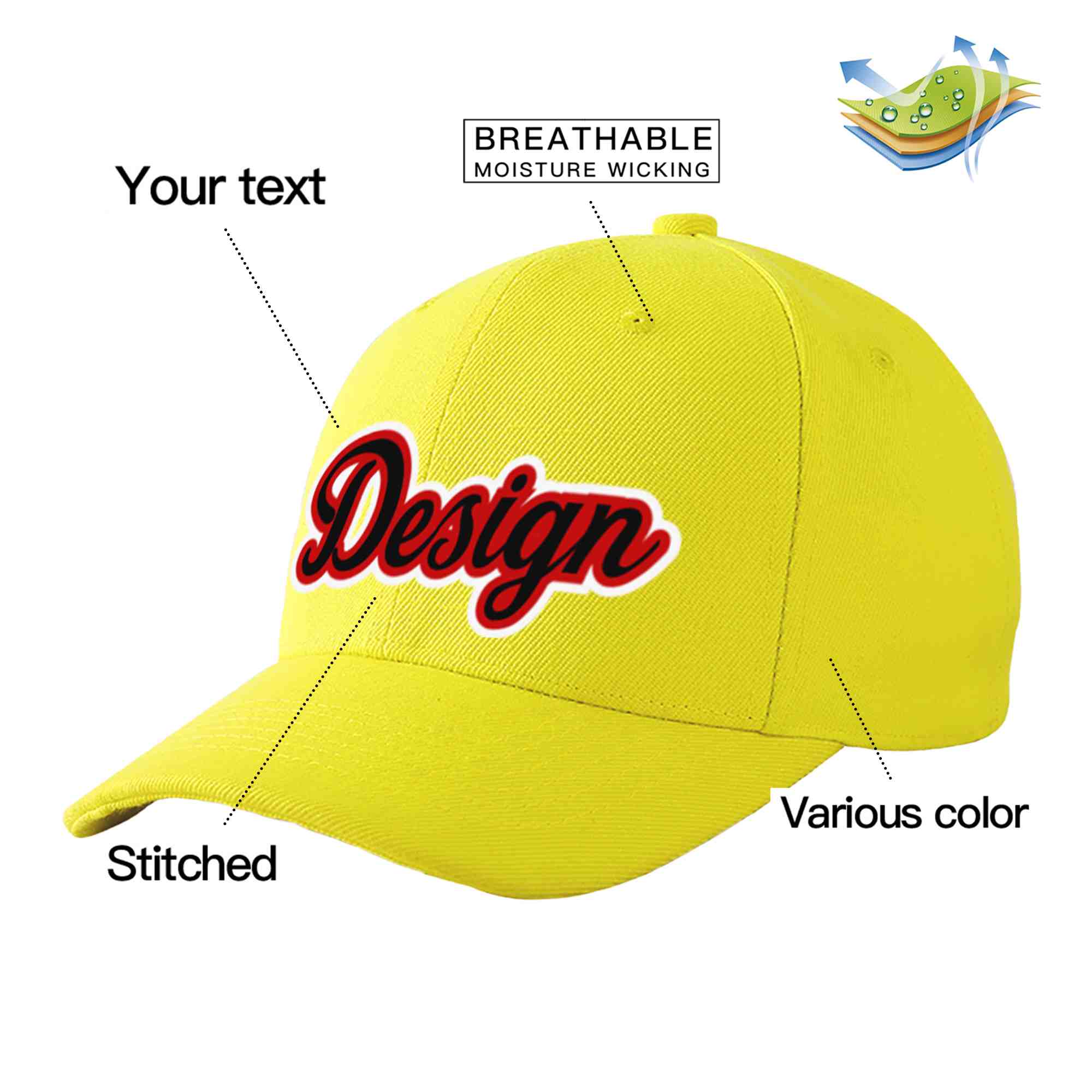 Casquette de baseball personnalisée jaune noir-rouge avec avant-toit incurvé