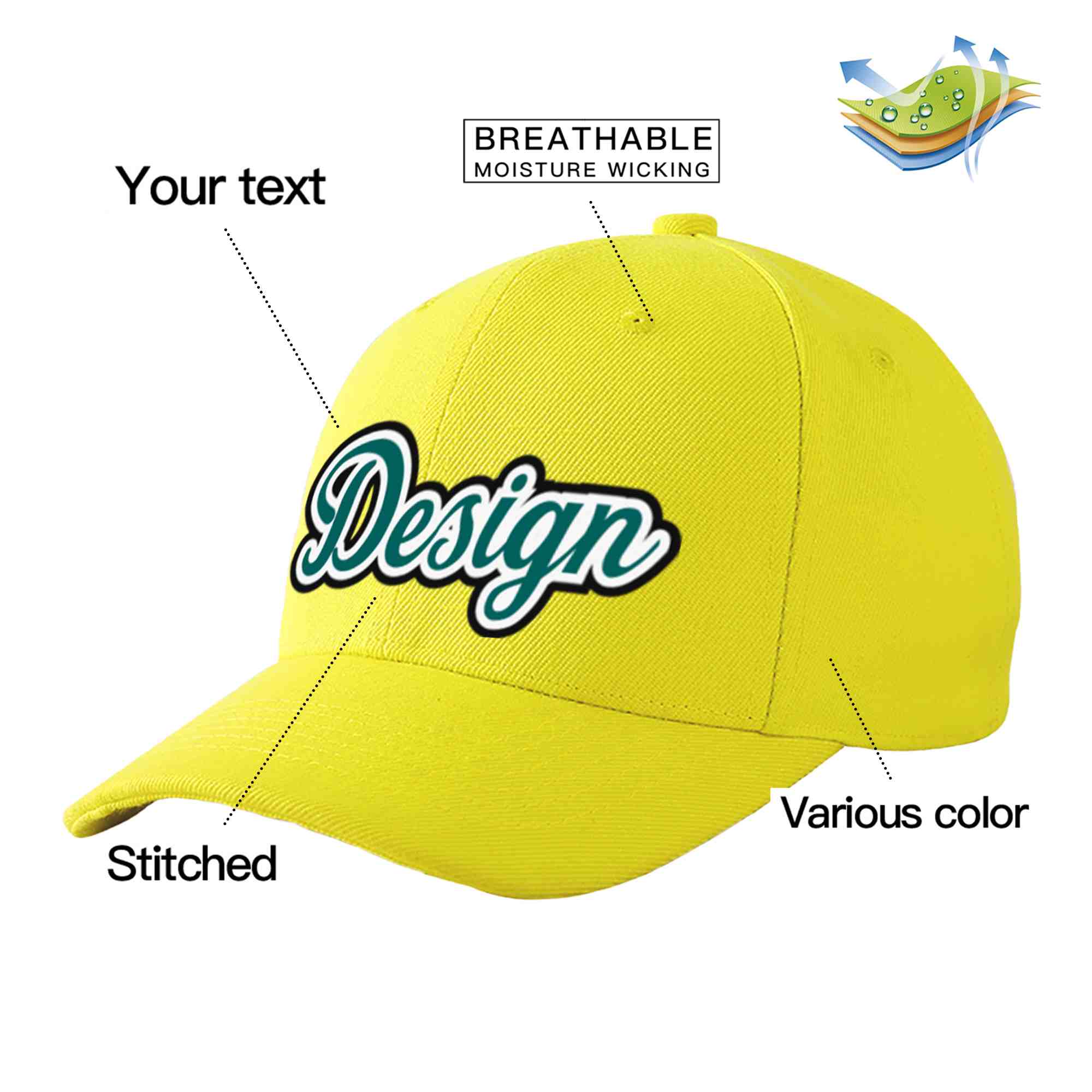 Casquette de baseball personnalisée jaune aqua-blanc courbée Eaves Sport Design