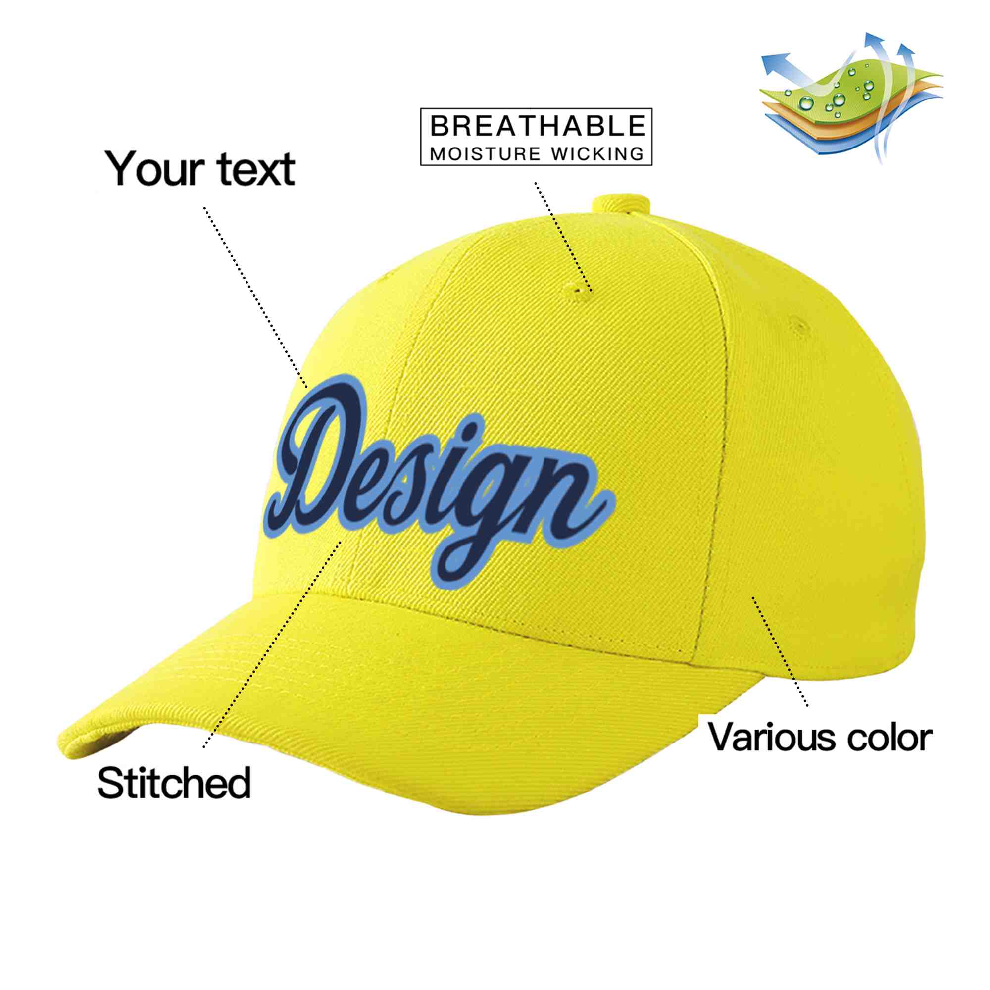 Custom Yellow Navy-Light Blue Curved Eaves Sport Design Baseball Cap