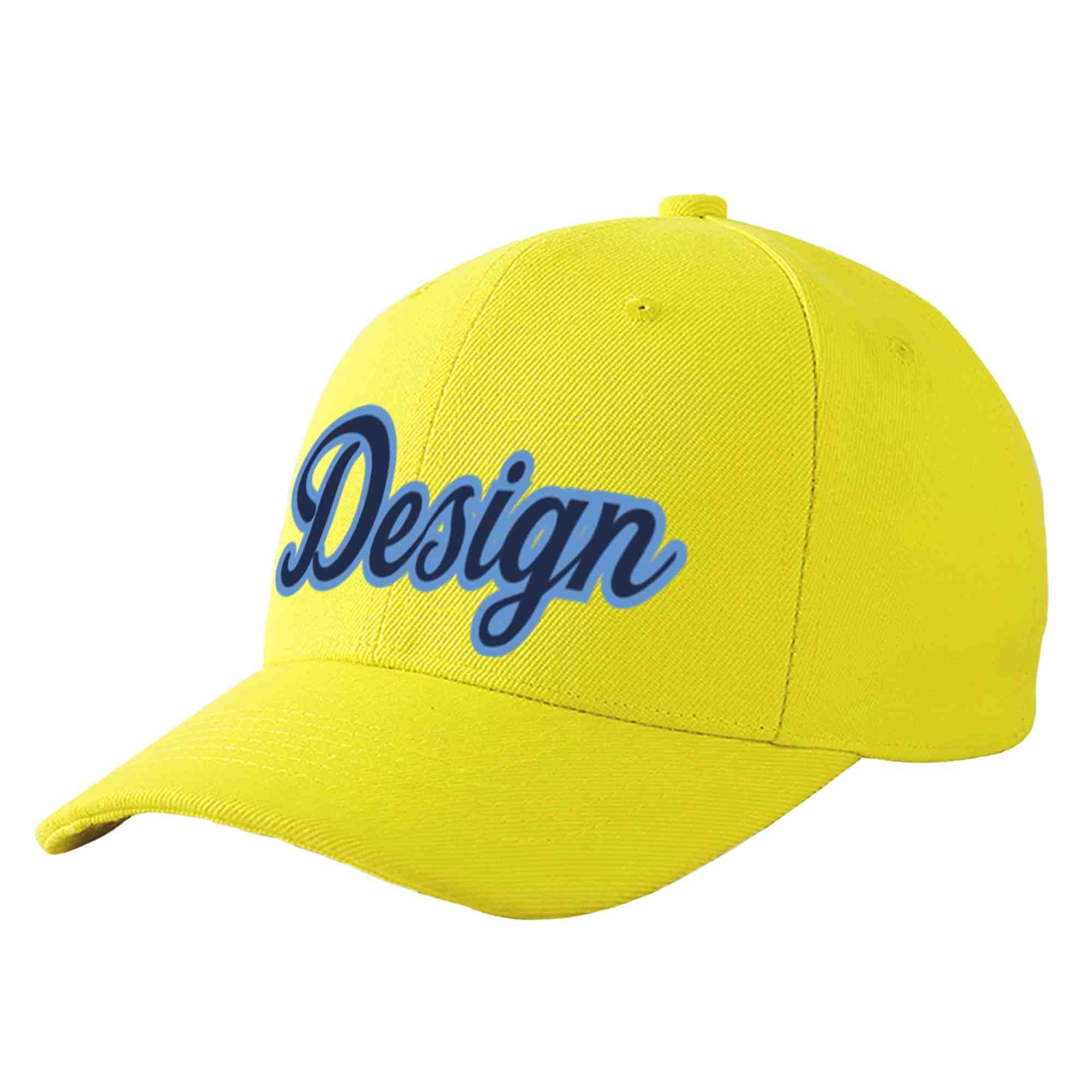 Custom Yellow Navy-Light Blue Curved Eaves Sport Design Baseball Cap