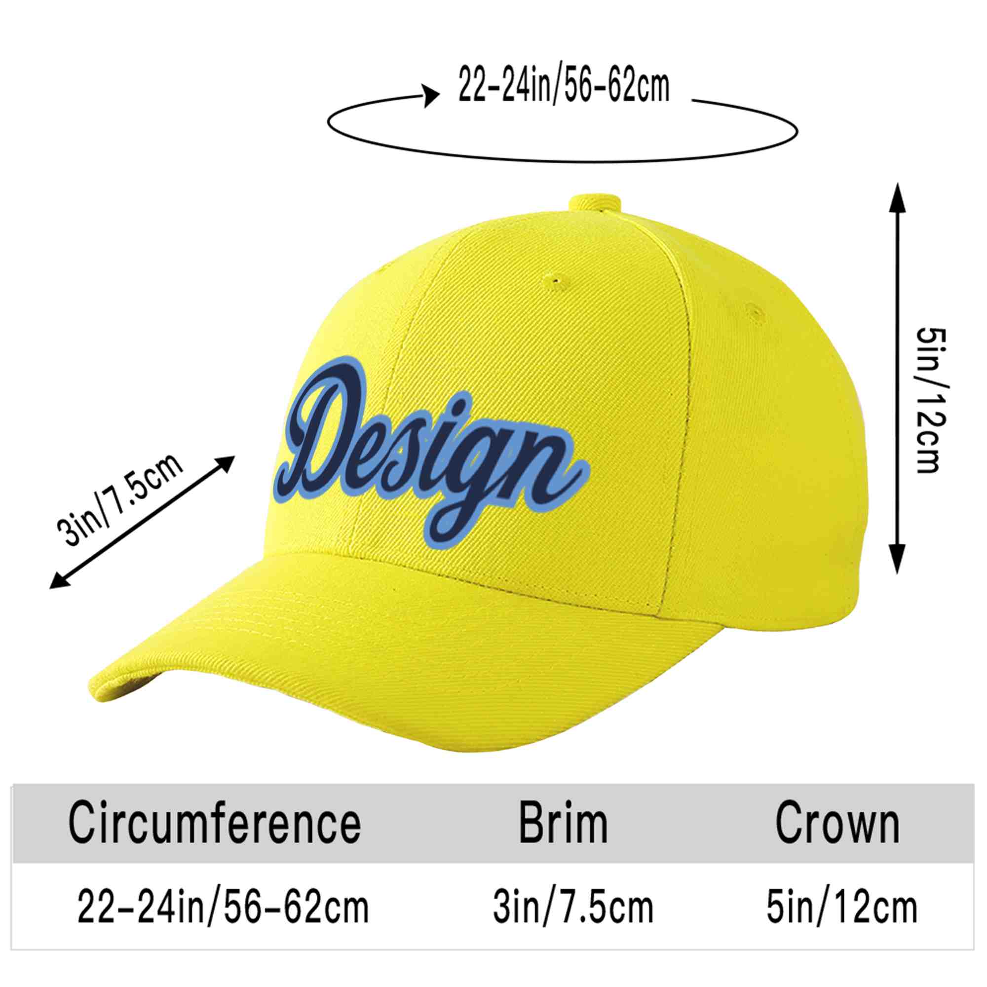 Custom Yellow Navy-Light Blue Curved Eaves Sport Design Baseball Cap