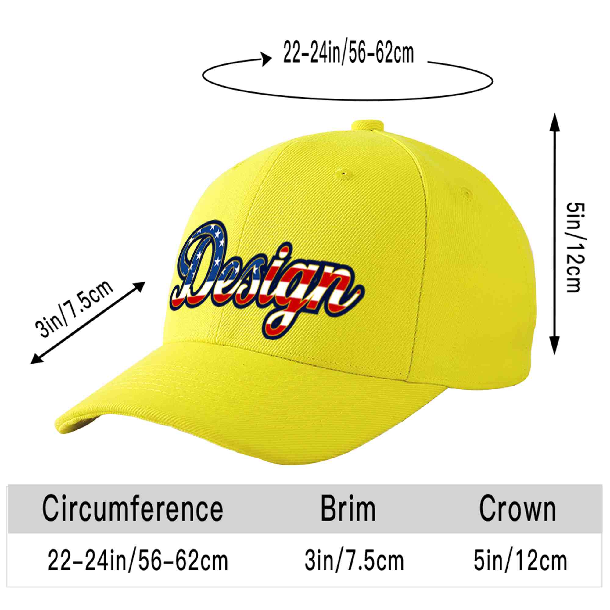 Casquette de baseball personnalisée avec drapeau américain vintage jaune et or avec avant-toit incurvé et design sportif