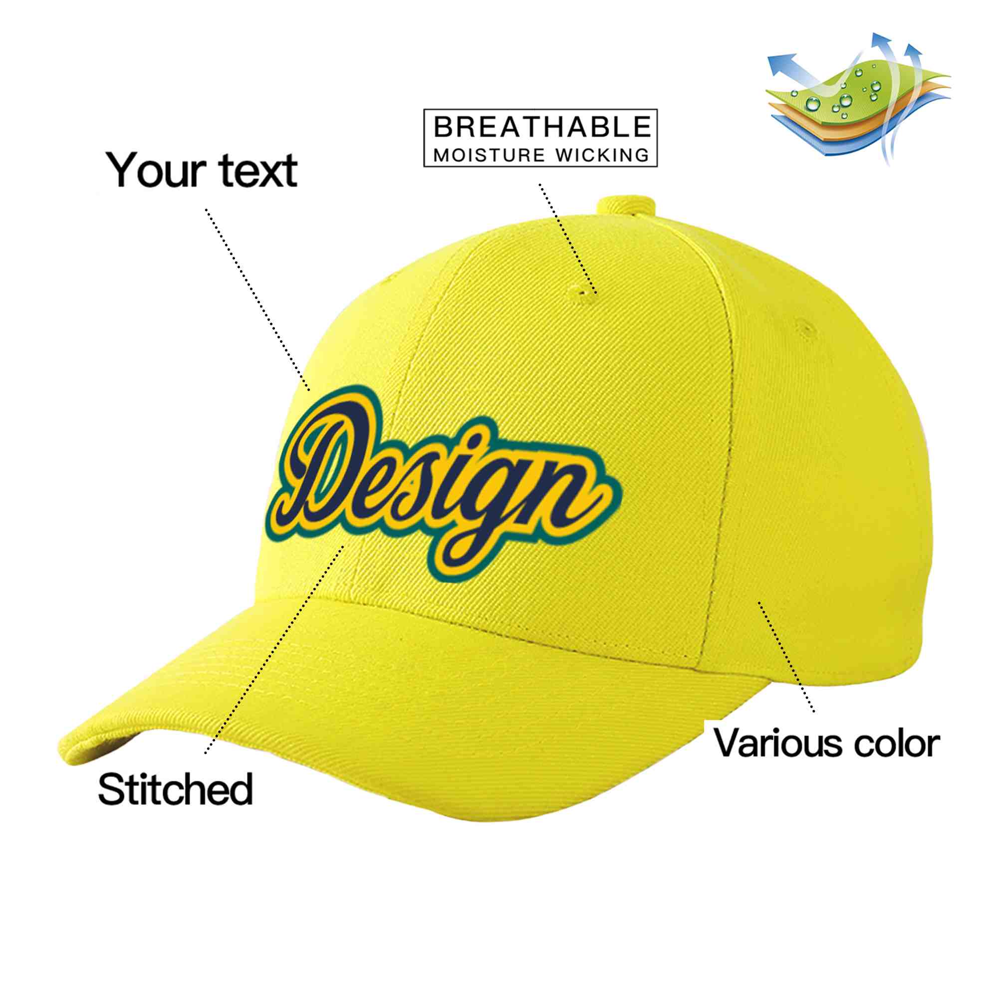 Casquette de baseball courbée personnalisée jaune marine-or avec avant-toit et design sportif