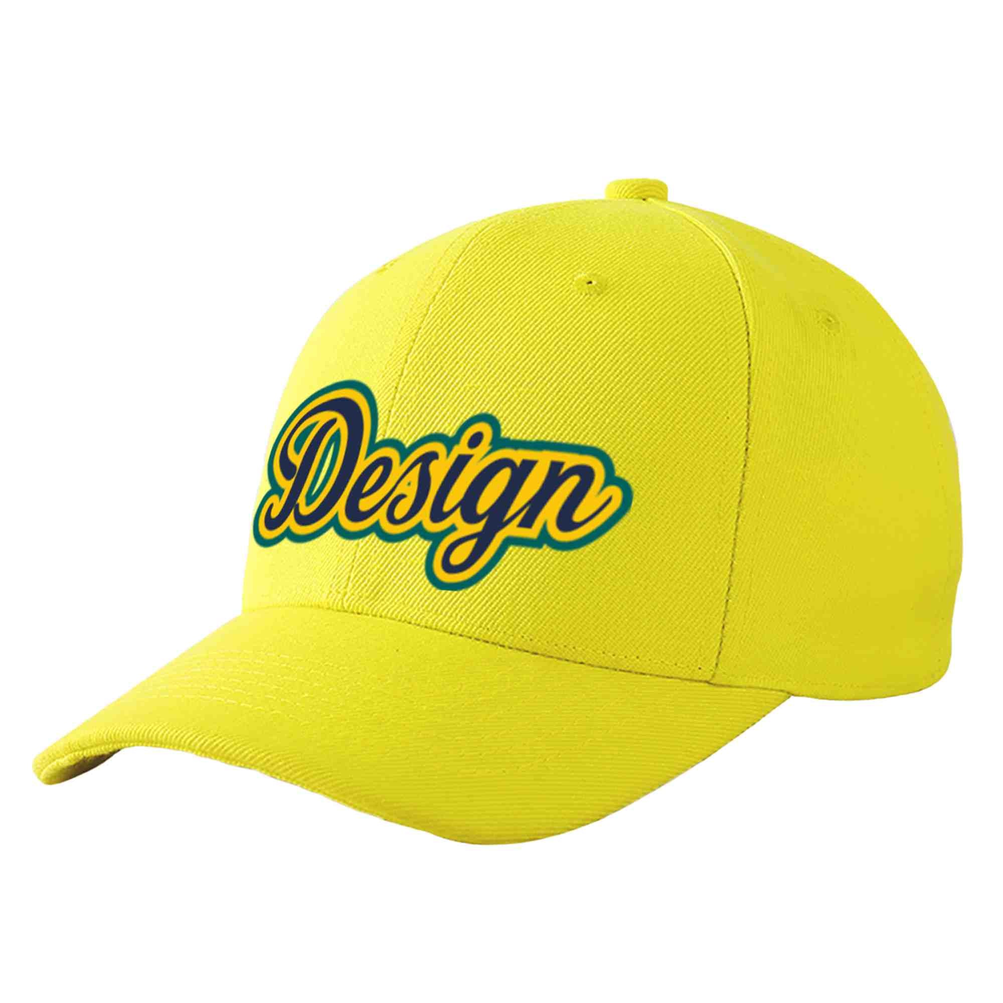 Custom Yellow Navy-Gold Curved Eaves Sport Design Baseball Cap