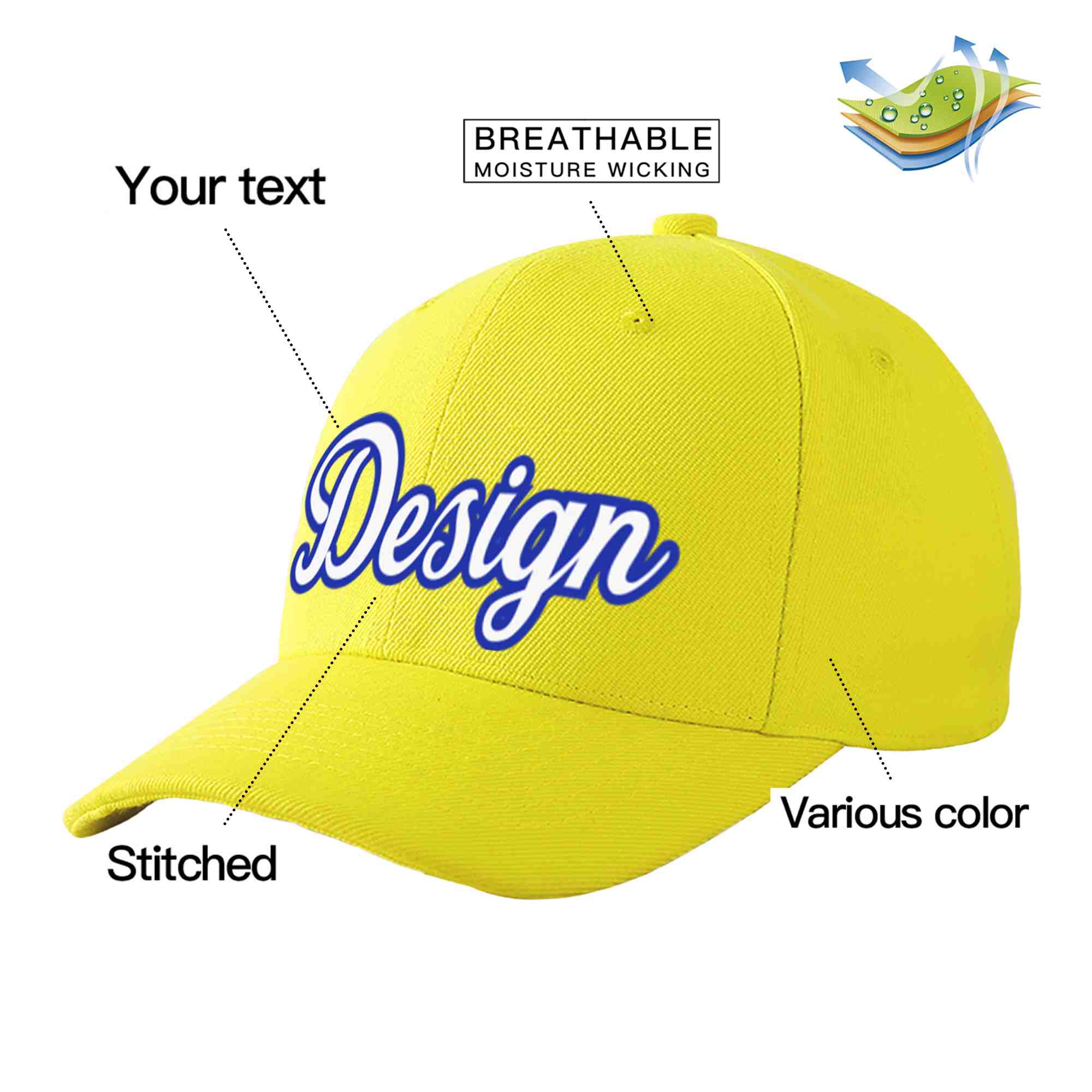 Casquette de baseball personnalisée jaune royal-blanc courbé Eaves Sport Design