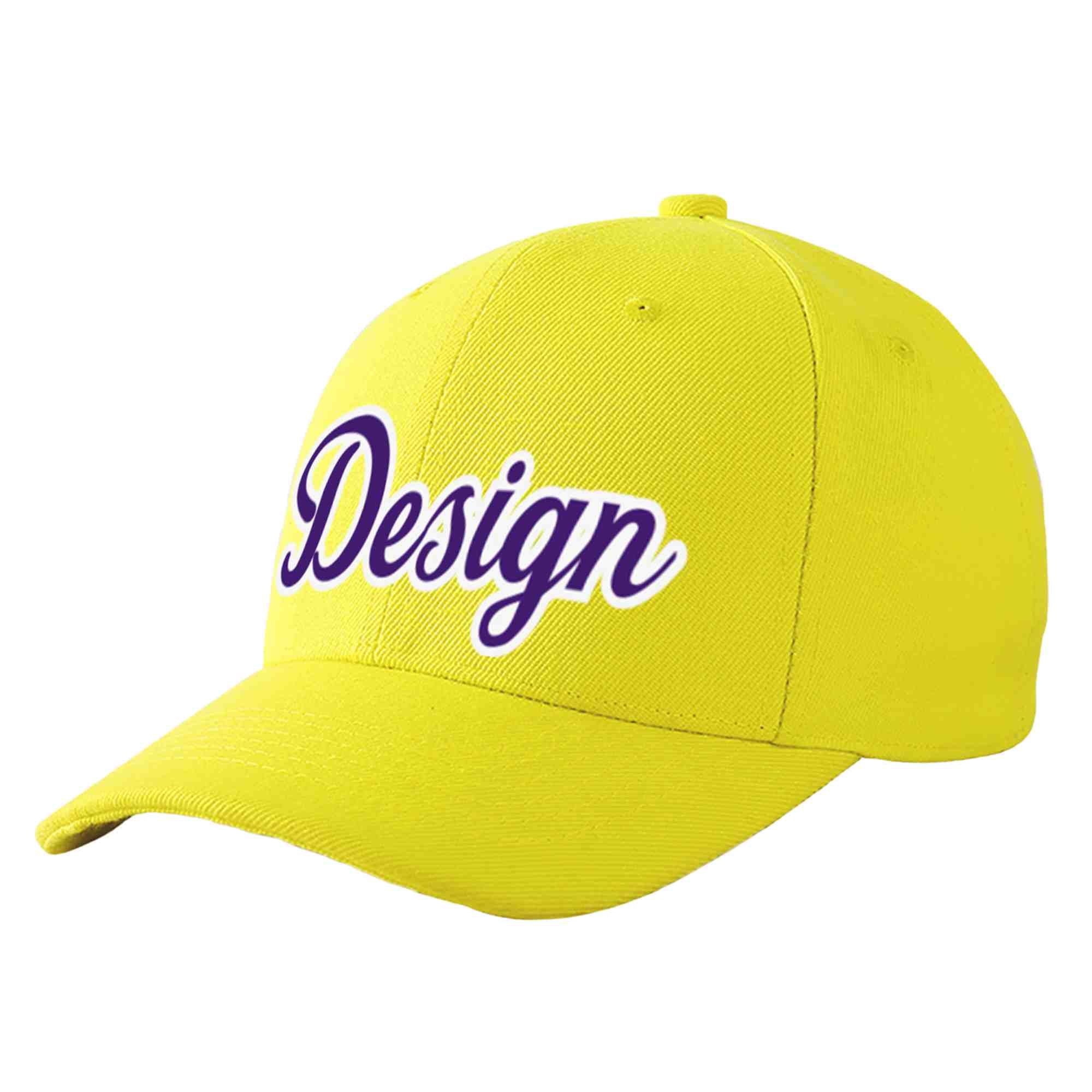 Casquette de baseball incurvée personnalisée jaune violet-blanc avec avant-toit