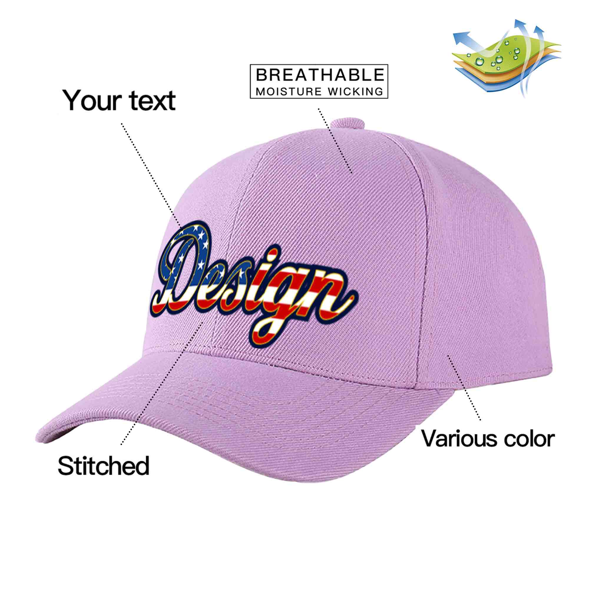 Casquette de baseball personnalisée, violet clair, drapeau américain Vintage, avec avant-toit incurvé doré, Design sportif