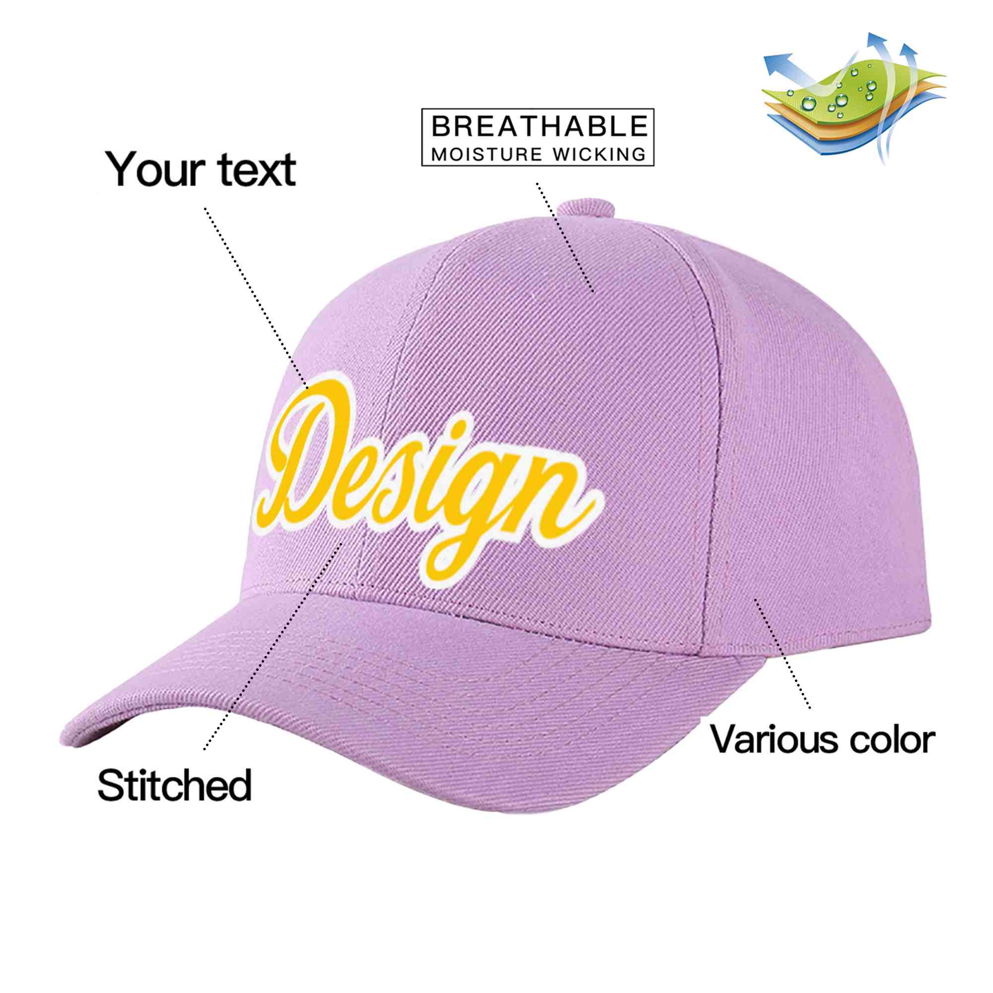 Custom Light Purple Gold-White Curved Eaves Sport Design Baseball Cap