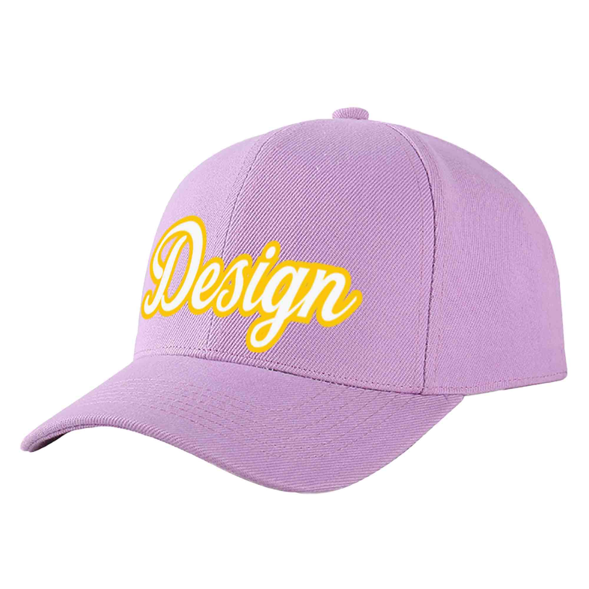 Custom Light Purple White-Gold Curved Eaves Sport Design Baseball Cap