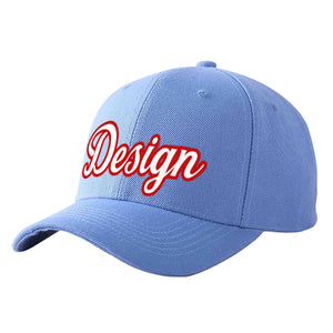 Custom Sky Blue White-Red Curved Eaves Sport Design Baseball Cap