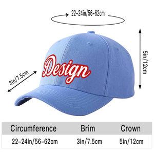 Custom Sky Blue White-Red Curved Eaves Sport Design Baseball Cap