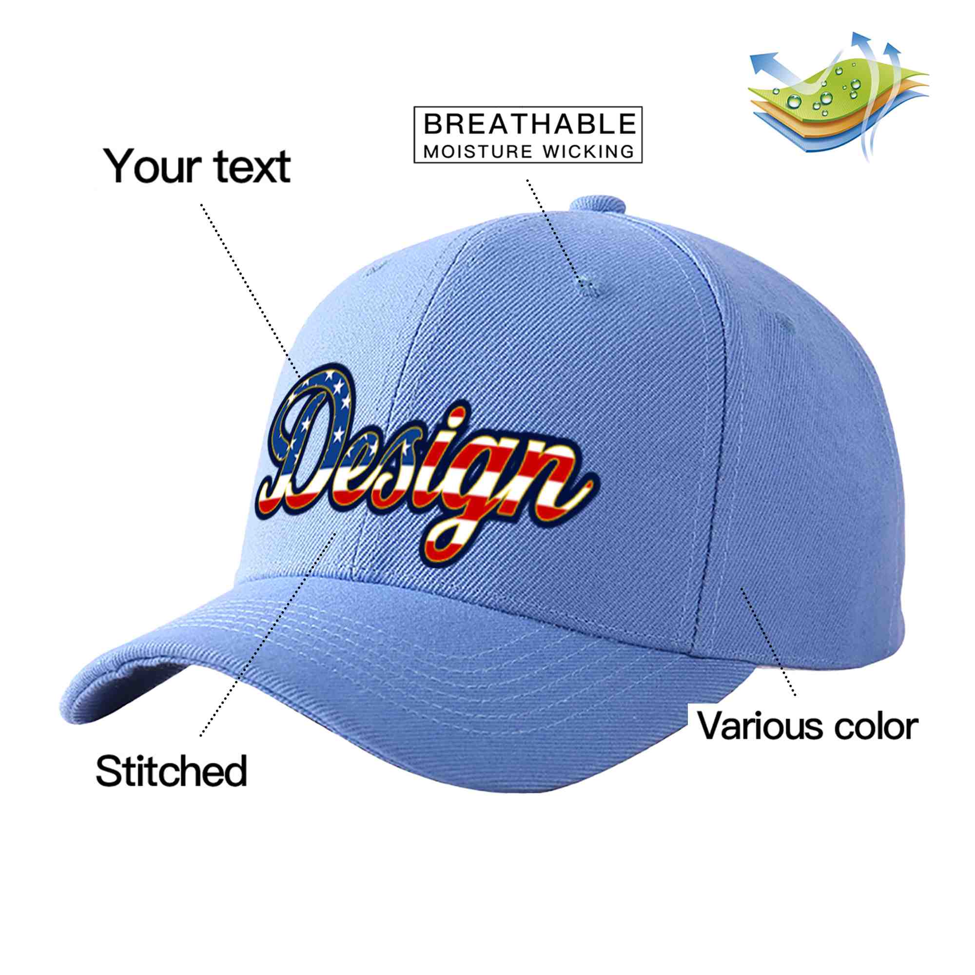 Casquette de baseball personnalisée, bleu ciel, drapeau américain Vintage, avant-toit incurvé doré, Design sportif