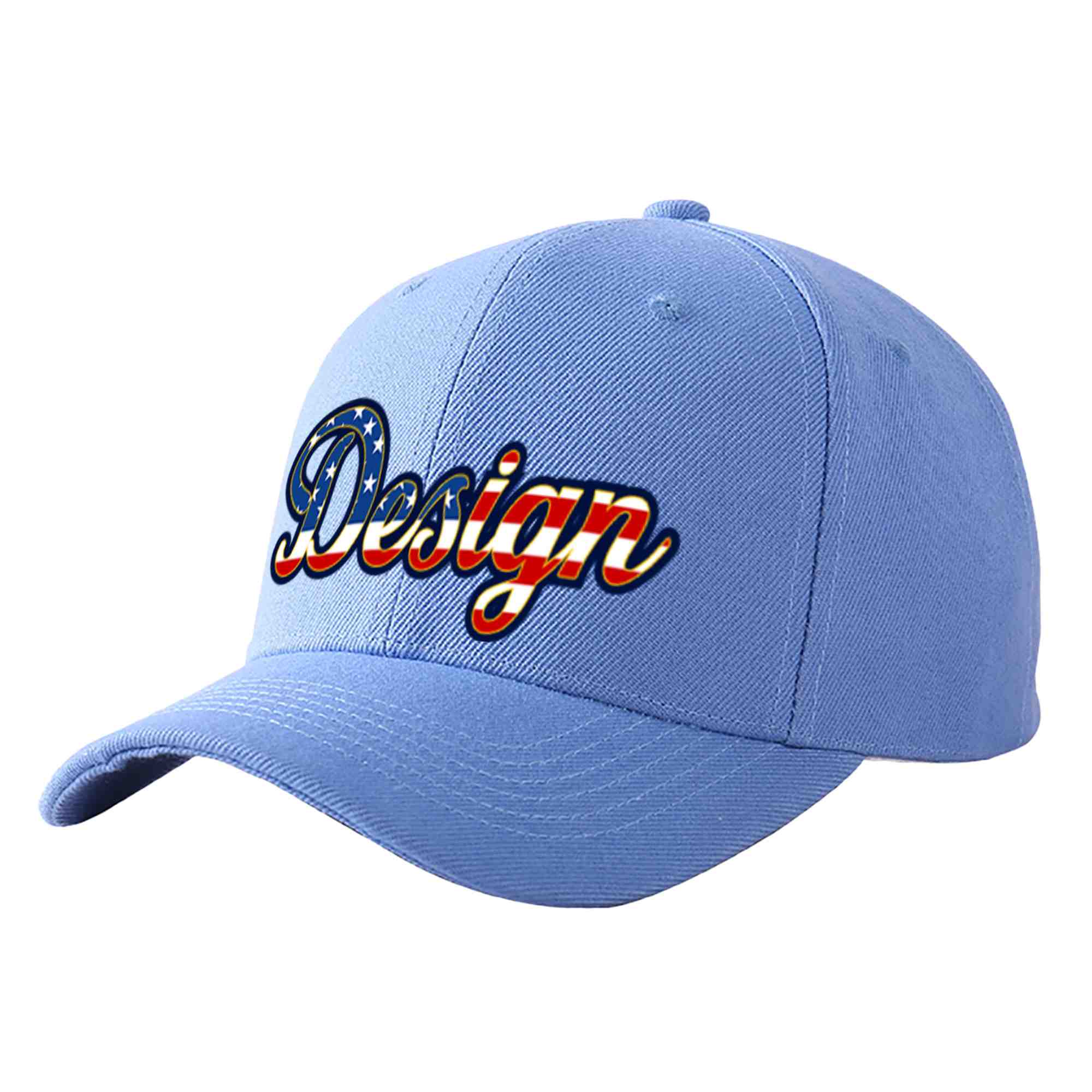 Casquette de baseball personnalisée, bleu ciel, drapeau américain Vintage, avant-toit incurvé doré, Design sportif