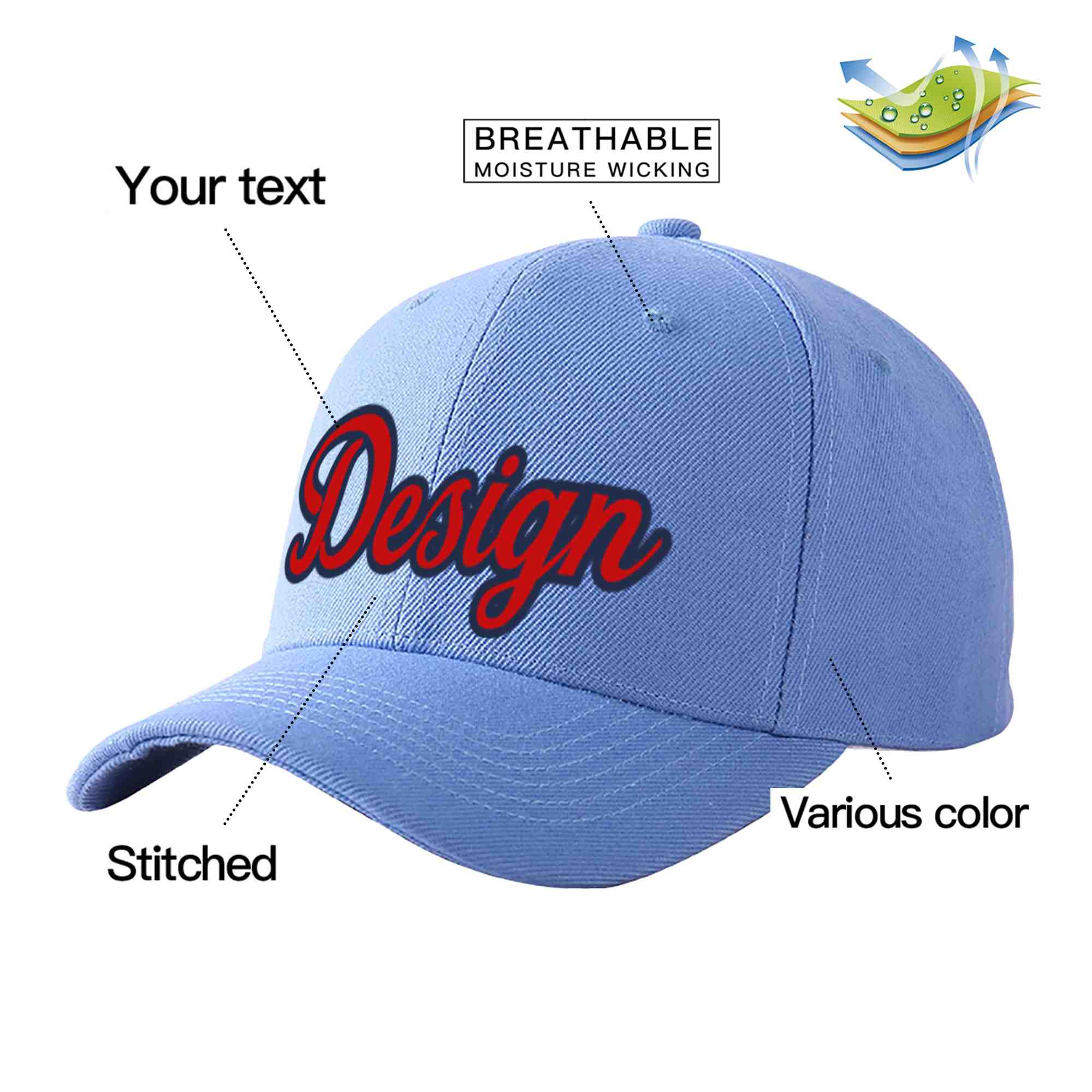 Casquette de baseball personnalisée bleu ciel rouge-marine courbée Eaves Sport Design