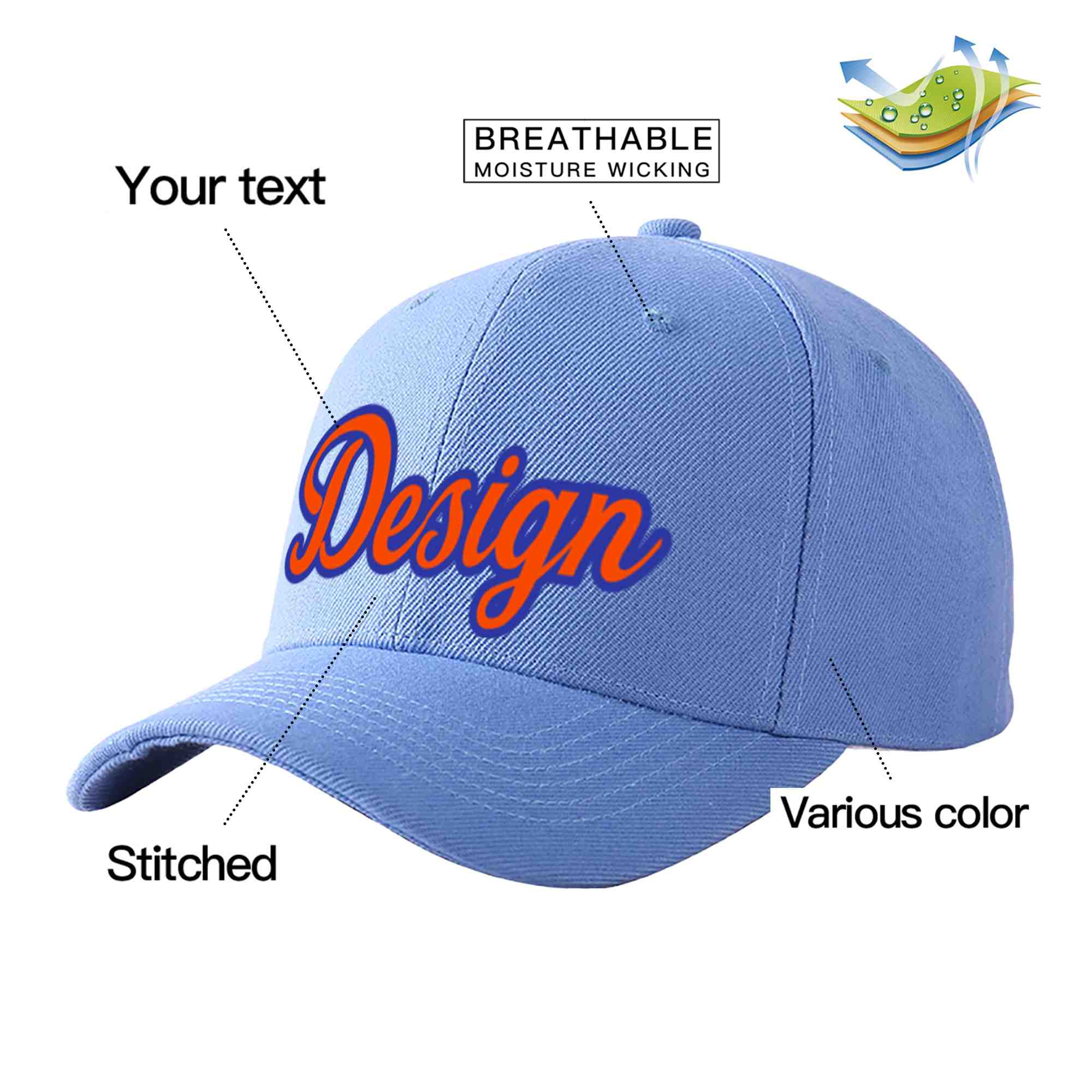 Casquette de baseball personnalisée bleu ciel orange-royal courbée Eaves Sport Design