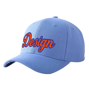 Custom Sky Blue Orange-Royal Curved Eaves Sport Design Baseball Cap