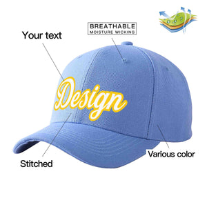 Custom Sky Blue White-Gold Curved Eaves Sport Design Baseball Cap