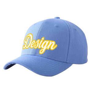 Custom Sky Blue White-Gold Curved Eaves Sport Design Baseball Cap