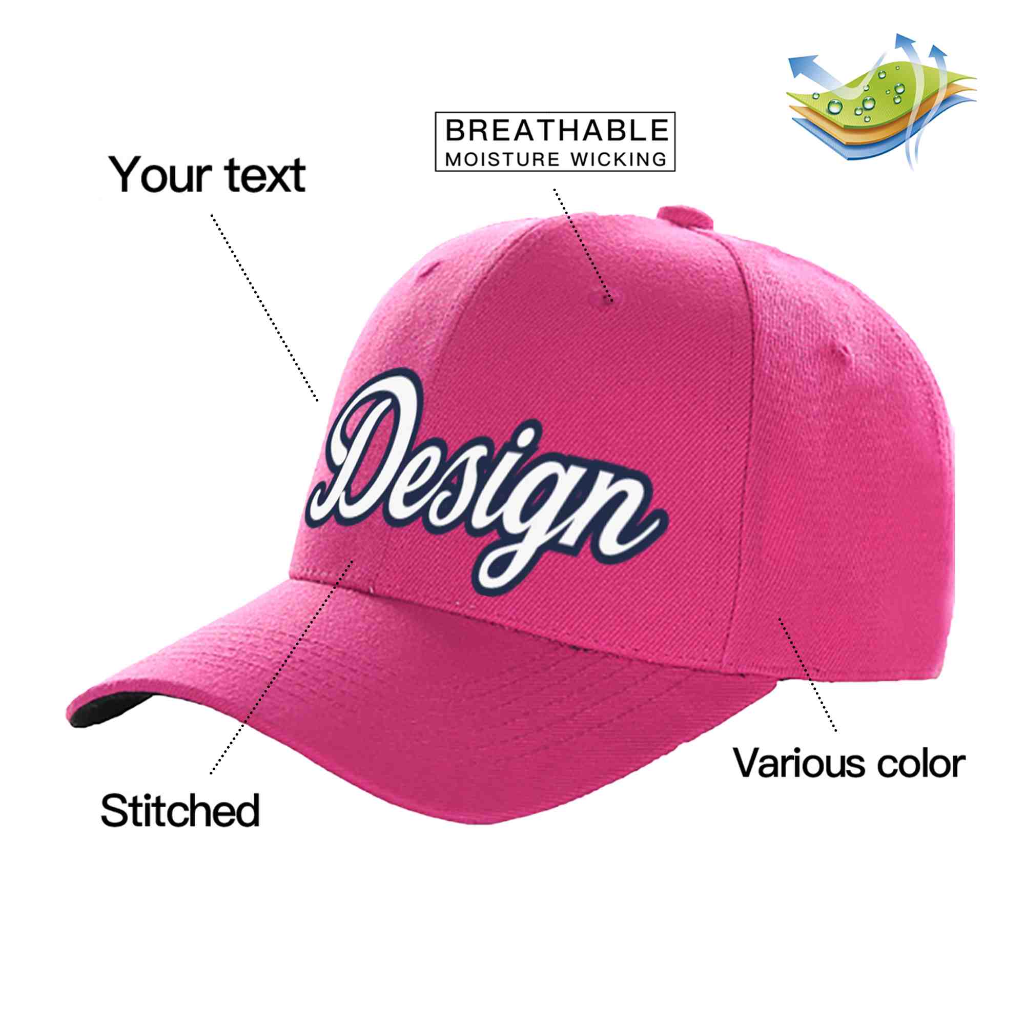 Custom Rose Red White-Navy Curved Eaves Sport Design Baseball Cap