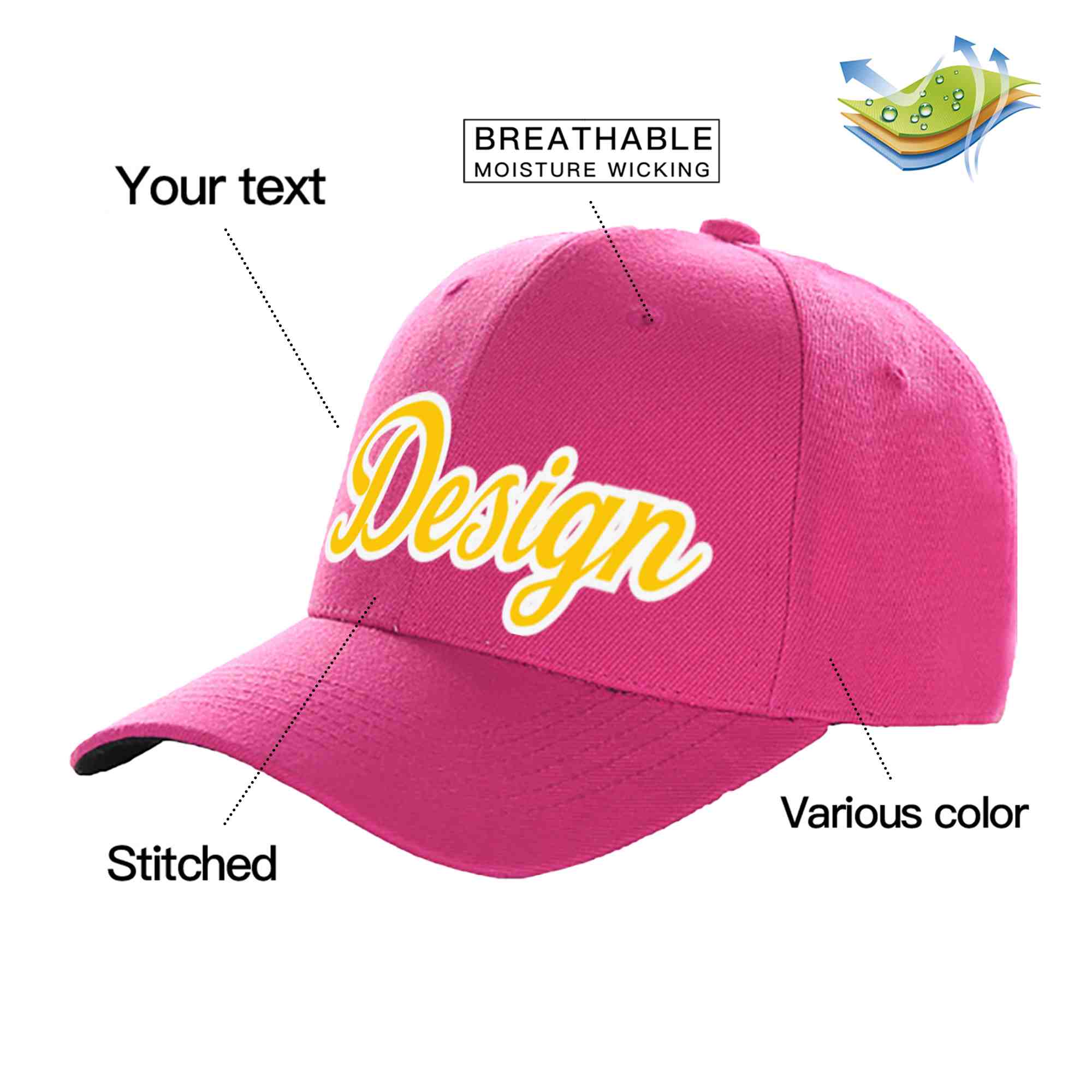 Custom Rose Red Gold-White Curved Eaves Sport Design Baseball Cap