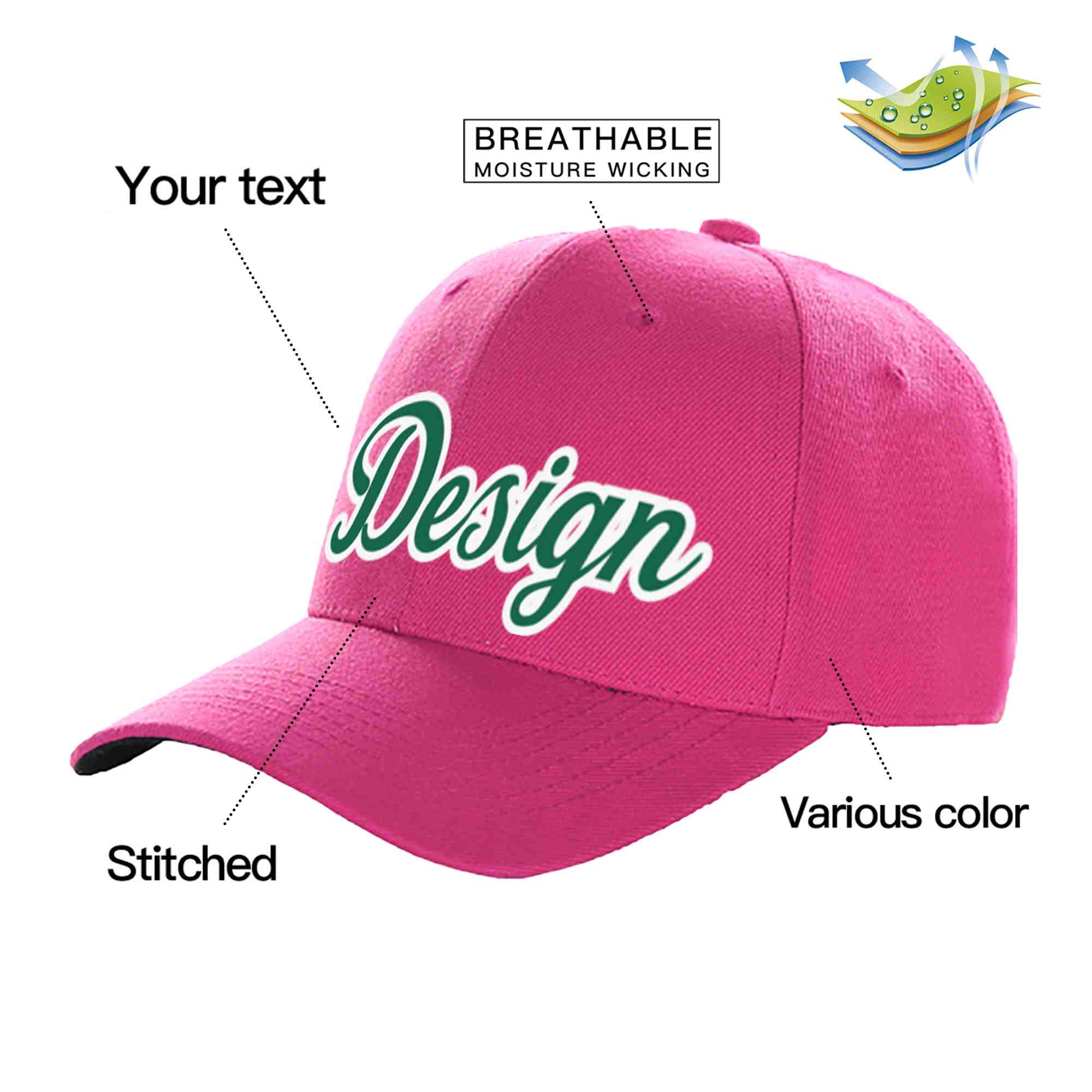 Custom Rose Red Kelly Green-White Curved Eaves Sport Design Baseball Cap