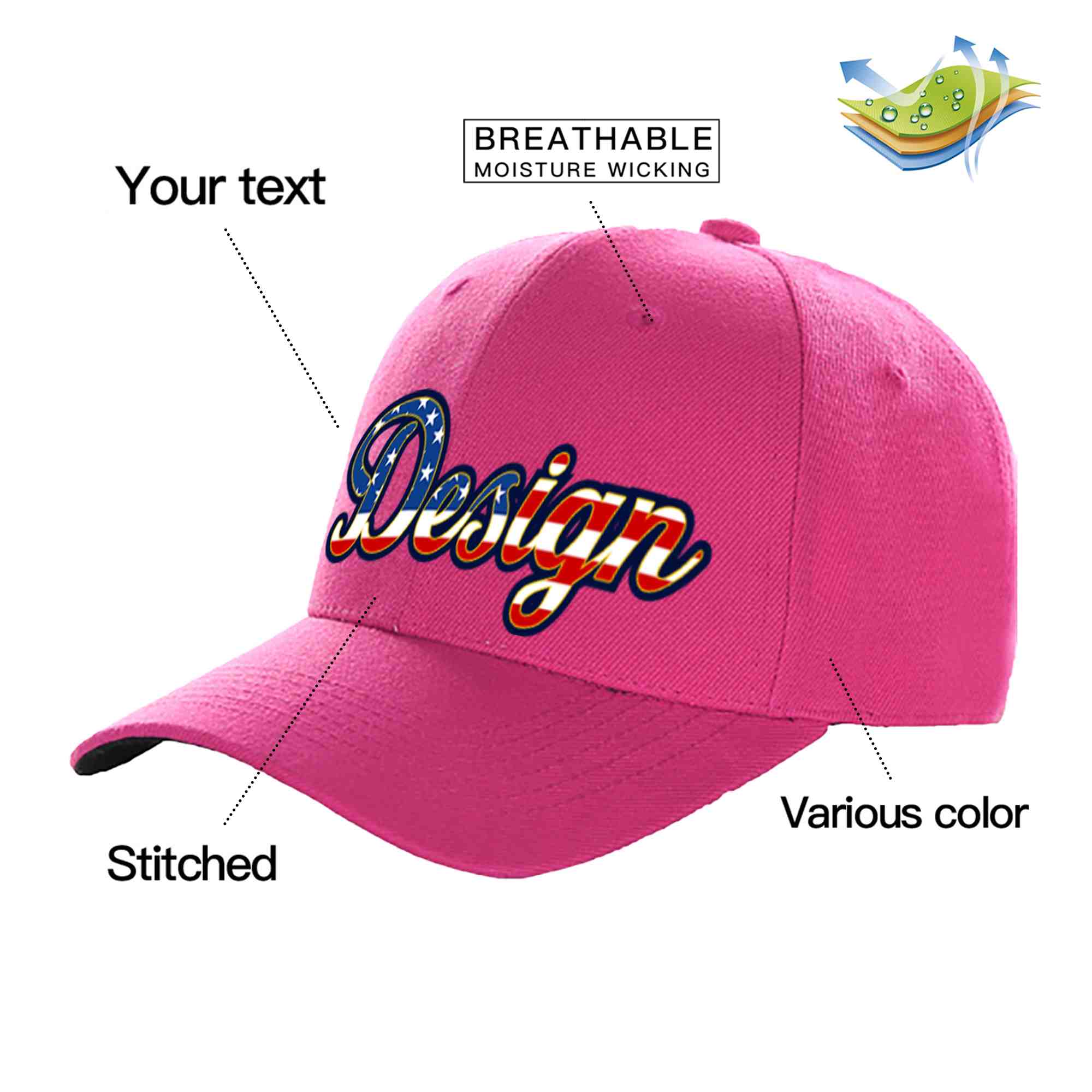 Casquette de baseball personnalisée avec drapeau américain, Rose rouge, Vintage, avec avant-toit incurvé doré, Design sportif