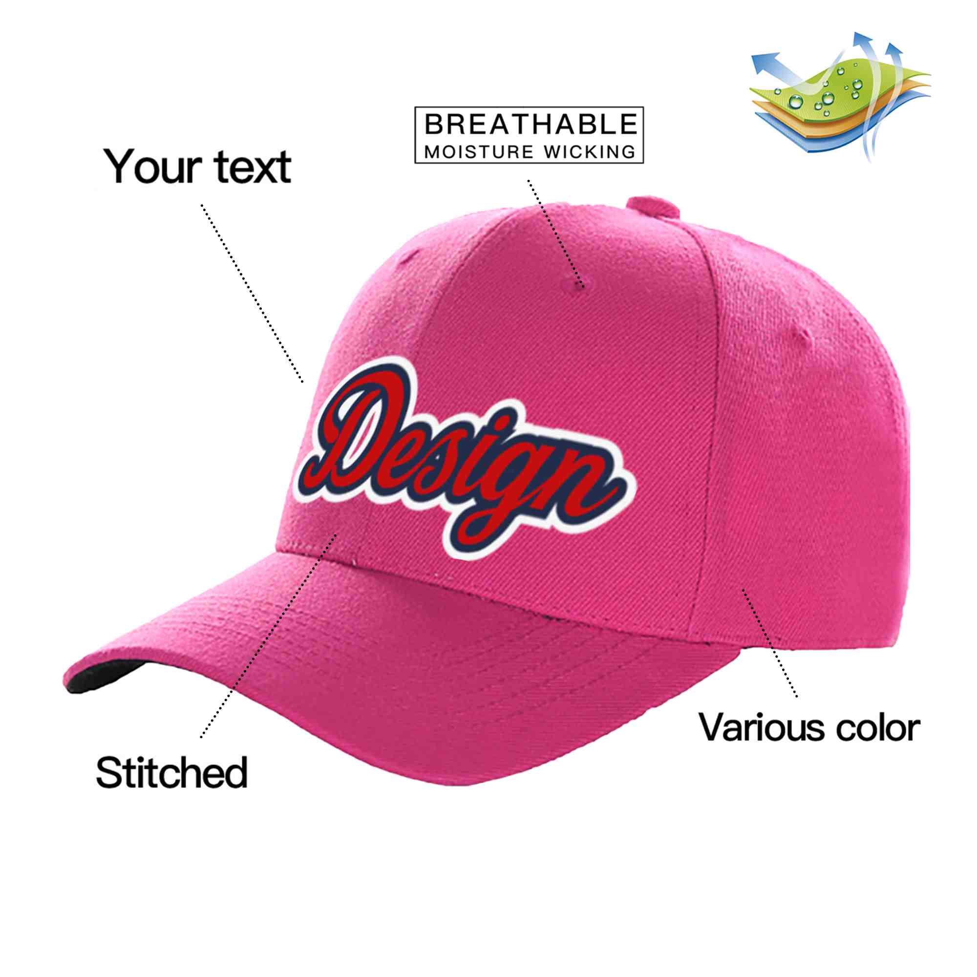 Custom Rose Red Red-Navy Curved Eaves Sport Design Baseball Cap