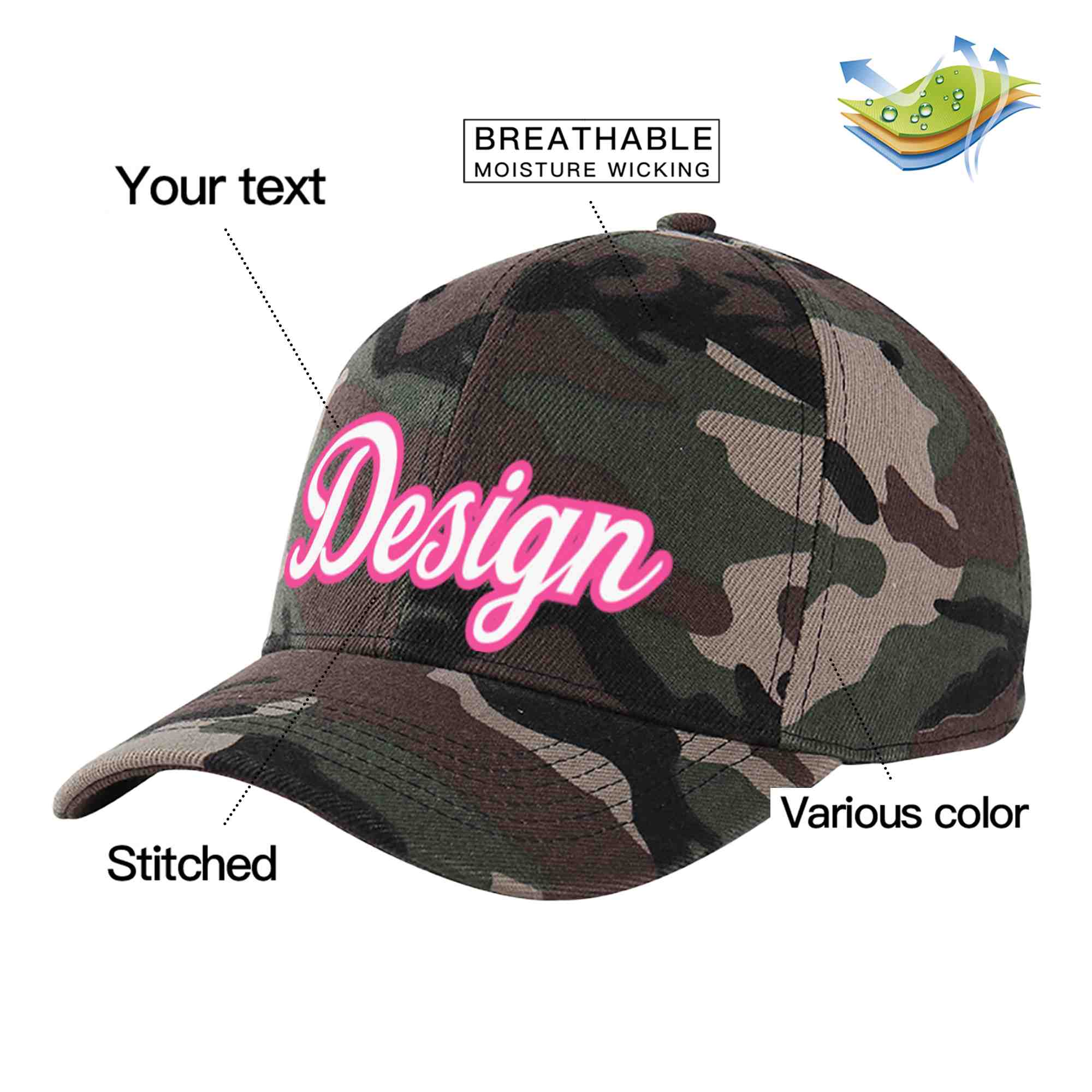 Custom Camo White-Pink Curved Eaves Sport Design Baseball Cap