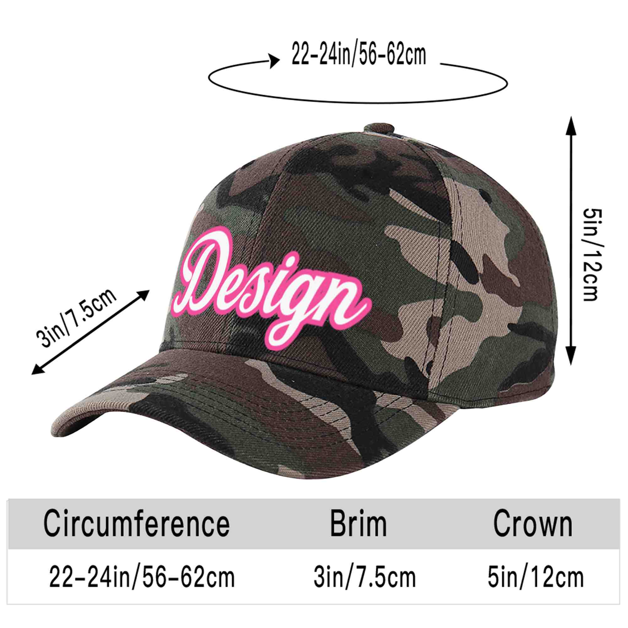 Custom Camo White-Pink Curved Eaves Sport Design Baseball Cap