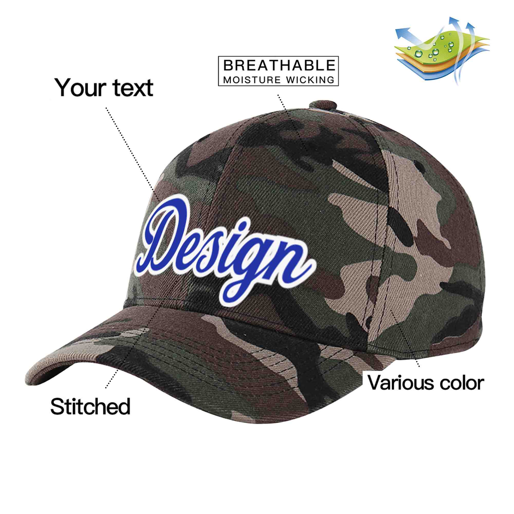 Custom Camo Royal-White Curved Eaves Sport Design Baseball Cap