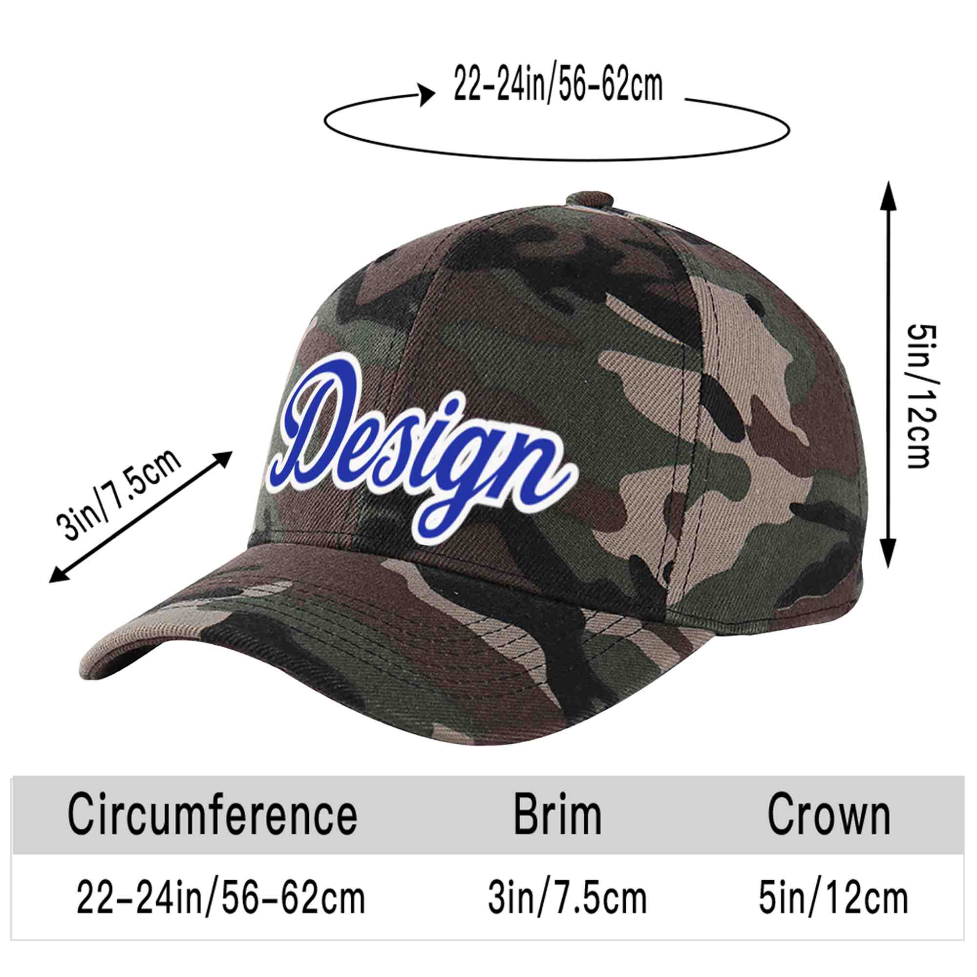 Custom Camo Royal-White Curved Eaves Sport Design Baseball Cap