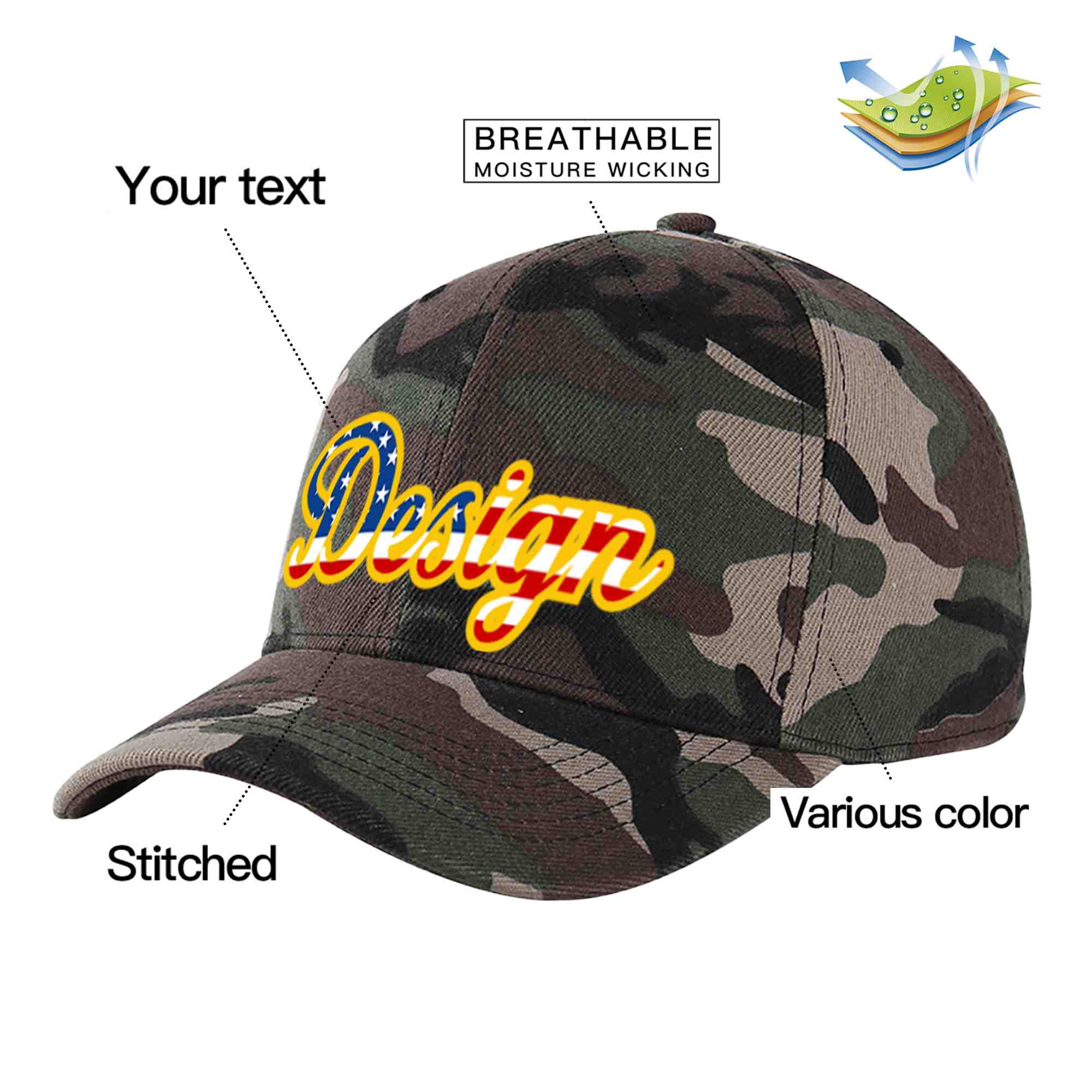 Custom Camo Vintage USA Flag-Gold Curved Eaves Sport Design Baseball Cap