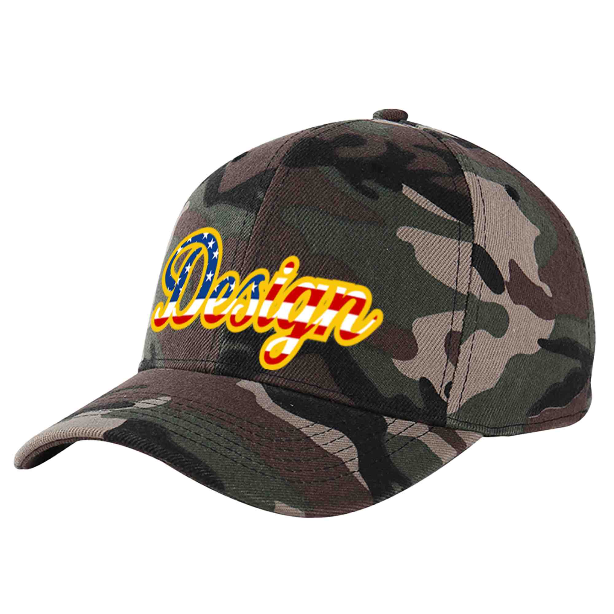 Casquette de baseball personnalisée avec motif camouflage vintage, drapeau américain, avant-toit incurvé doré, design sportif