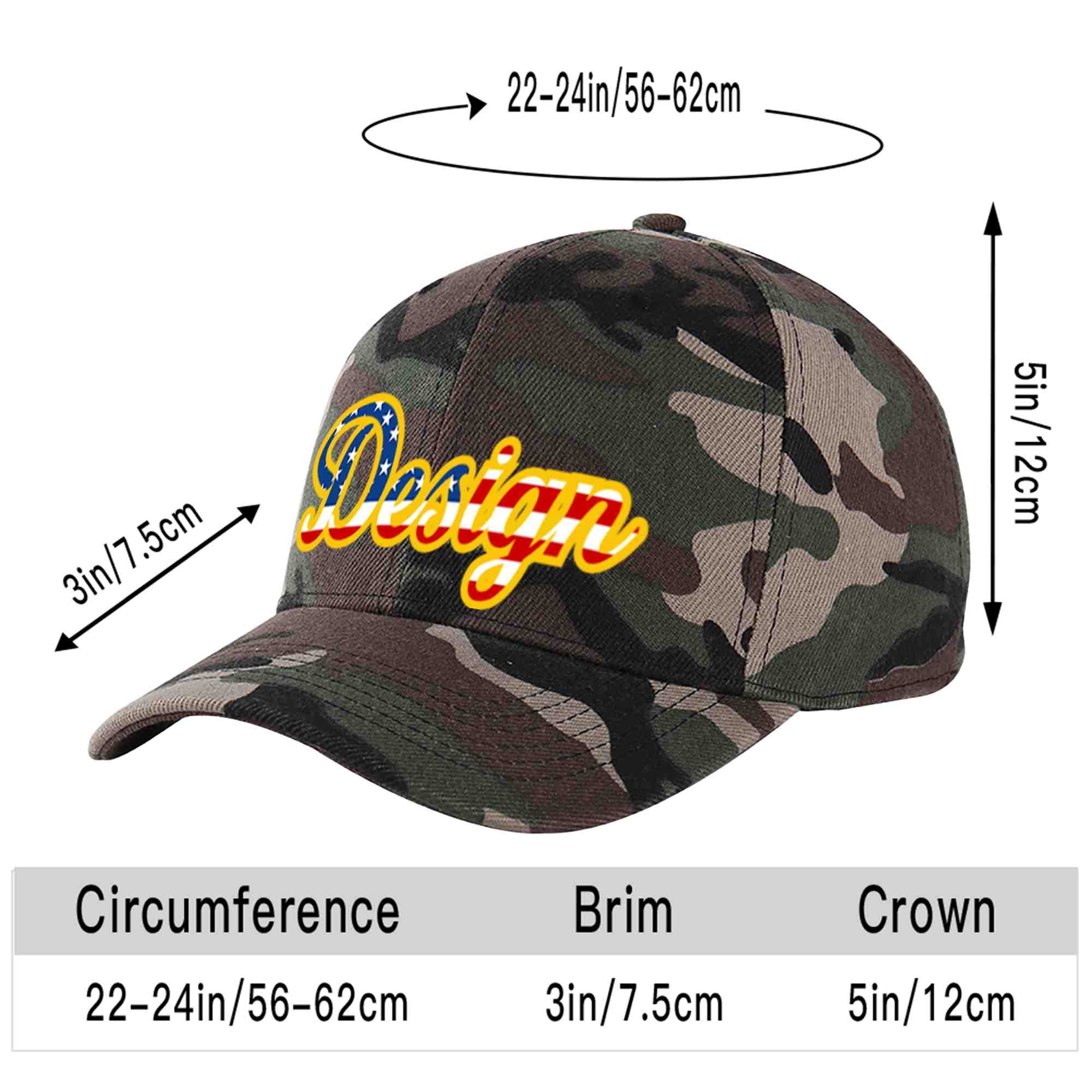 Casquette de baseball personnalisée avec motif camouflage vintage, drapeau américain, avant-toit incurvé doré, design sportif