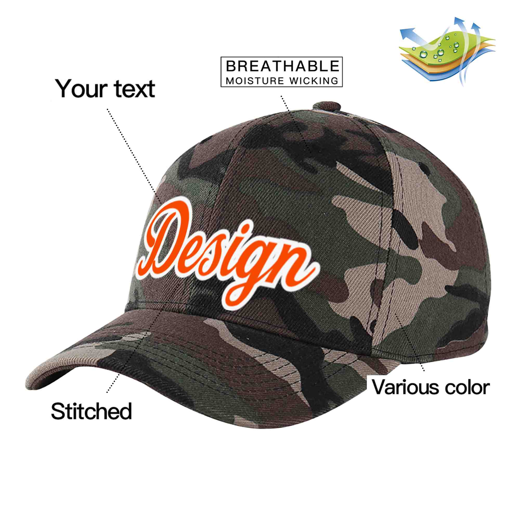 Casquette de baseball personnalisée camouflage orange-blanc avec avant-toit incurvé et design sportif