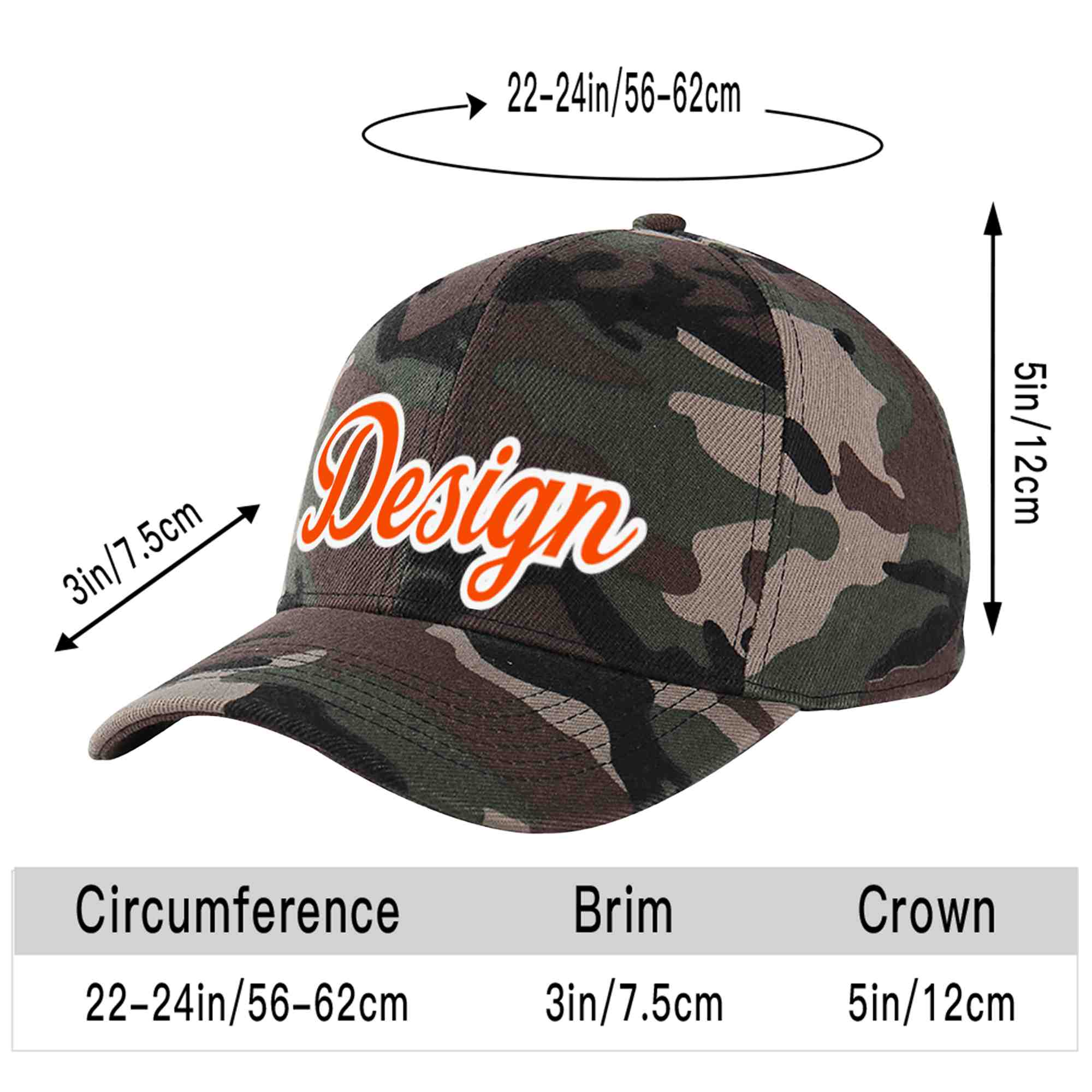 Custom Camo Orange-White Curved Eaves Sport Design Baseball Cap