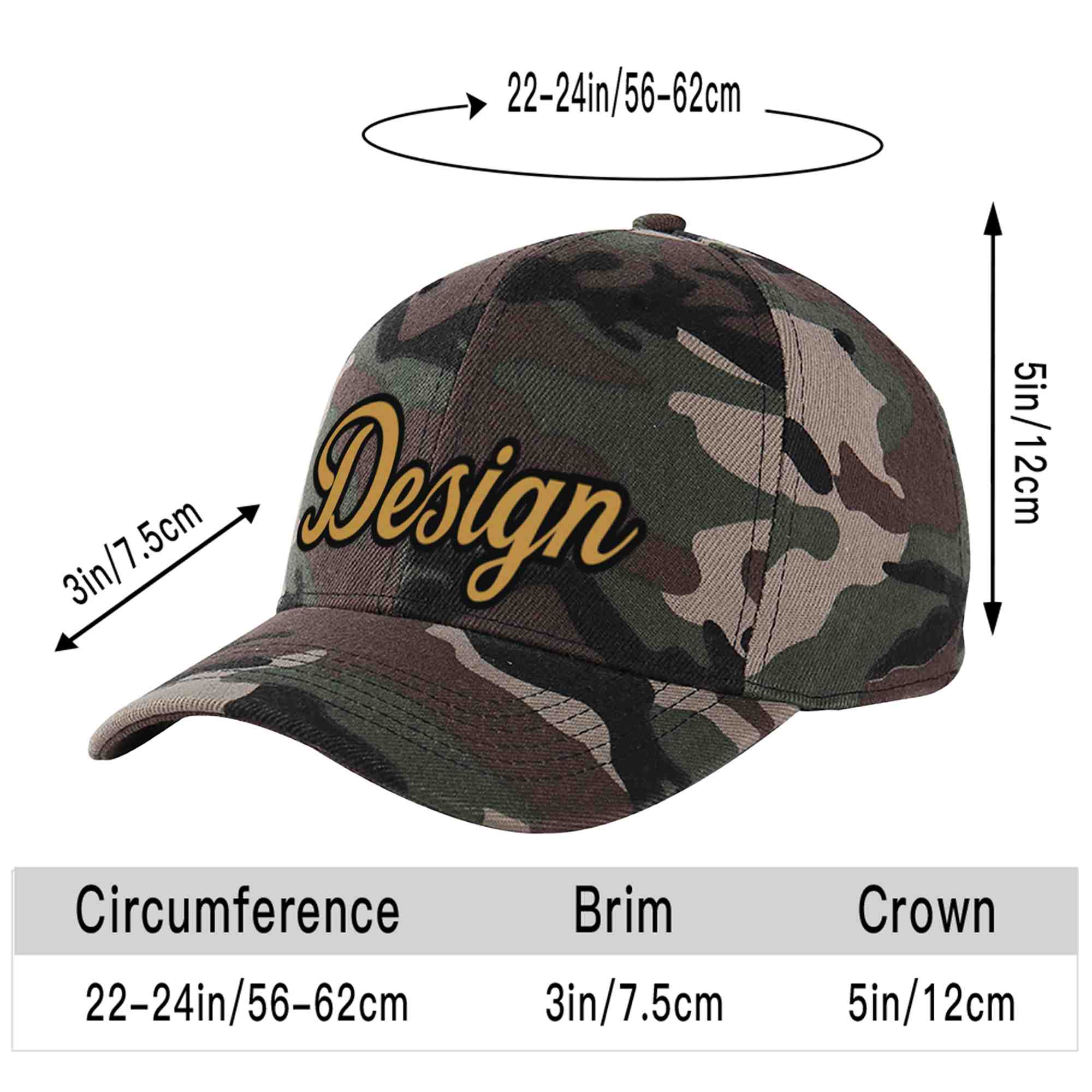 Custom Camo Old Gold-Black Curved Eaves Sport Design Baseball Cap