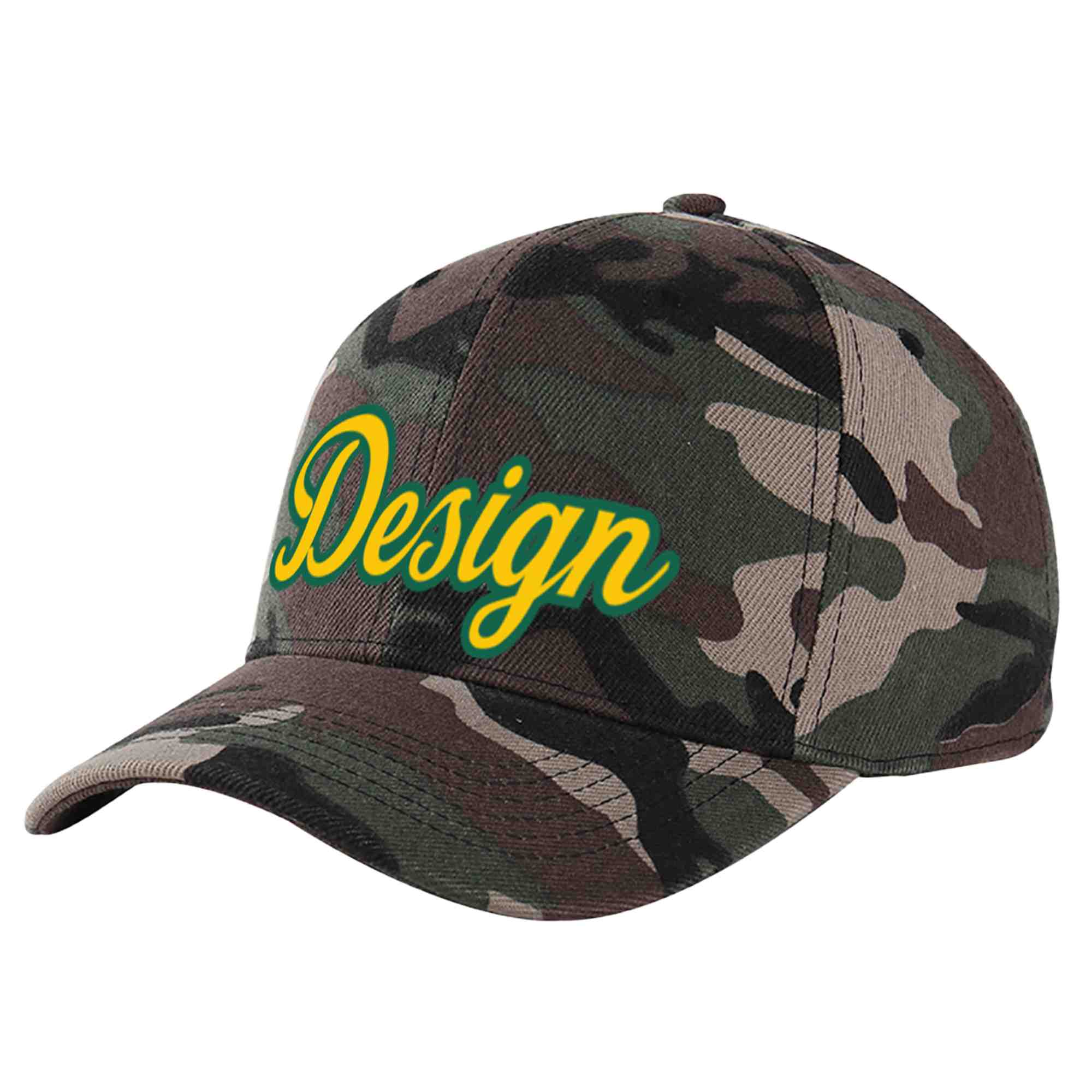 Custom Camo Gold-Kelly Green Curved Eaves Sport Design Baseball Cap