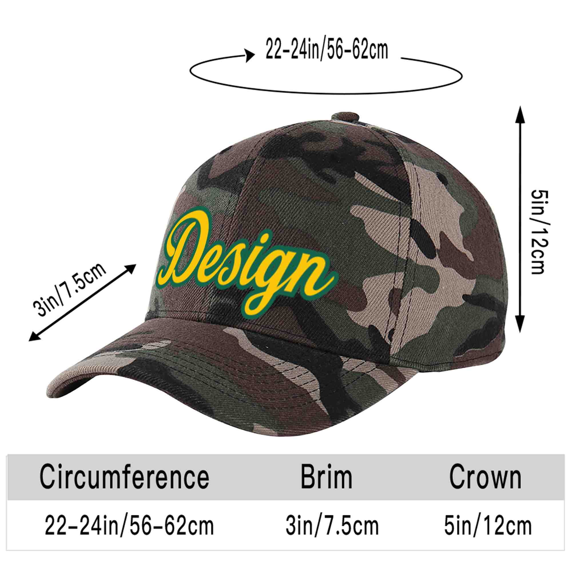 Custom Camo Gold-Kelly Green Curved Eaves Sport Design Baseball Cap